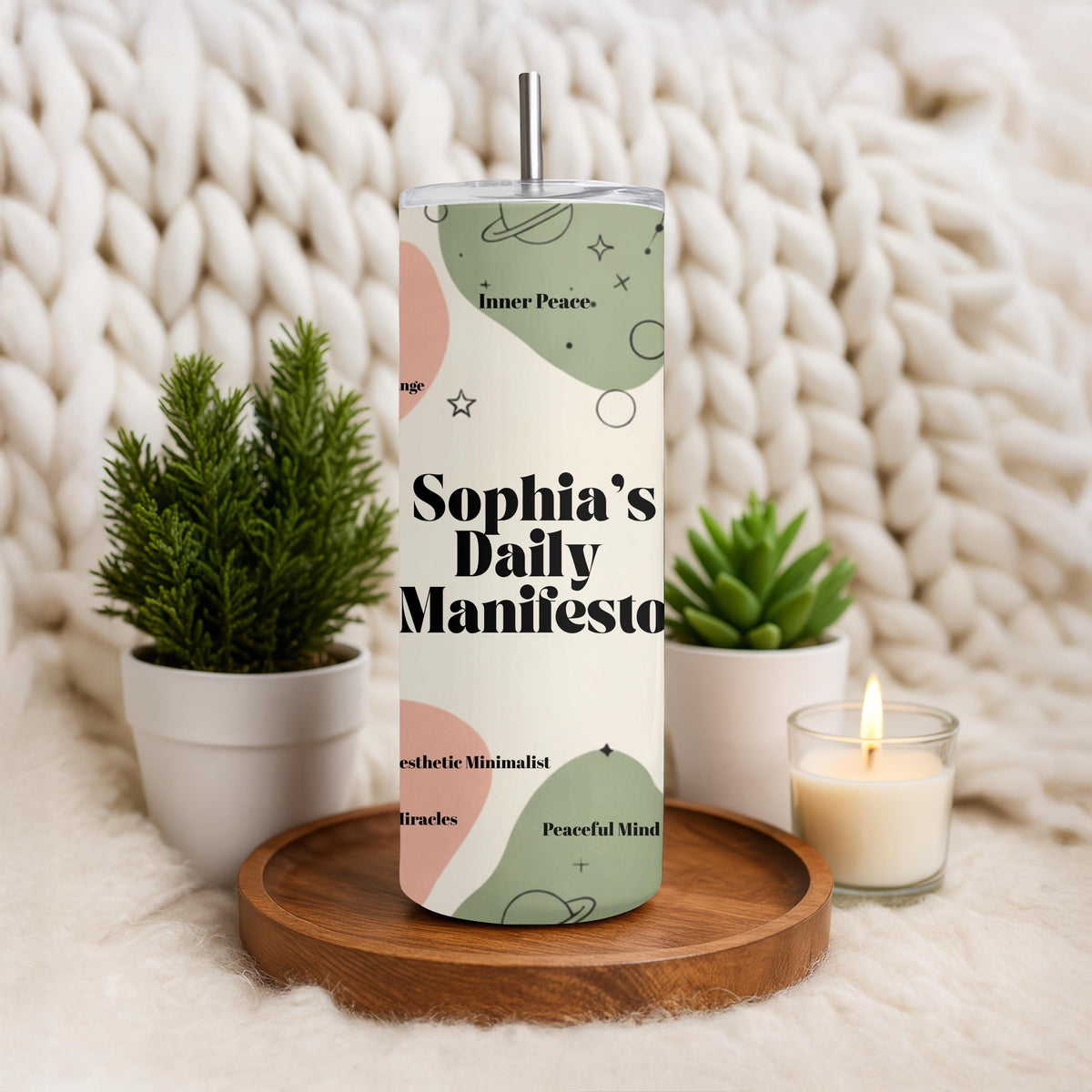 Custom name Daily Manifesto Tumbler, 20oz Skinny Tumbler, Positive Affirmations Travel Mug, Spiritual Aesthetic Manifest Cup