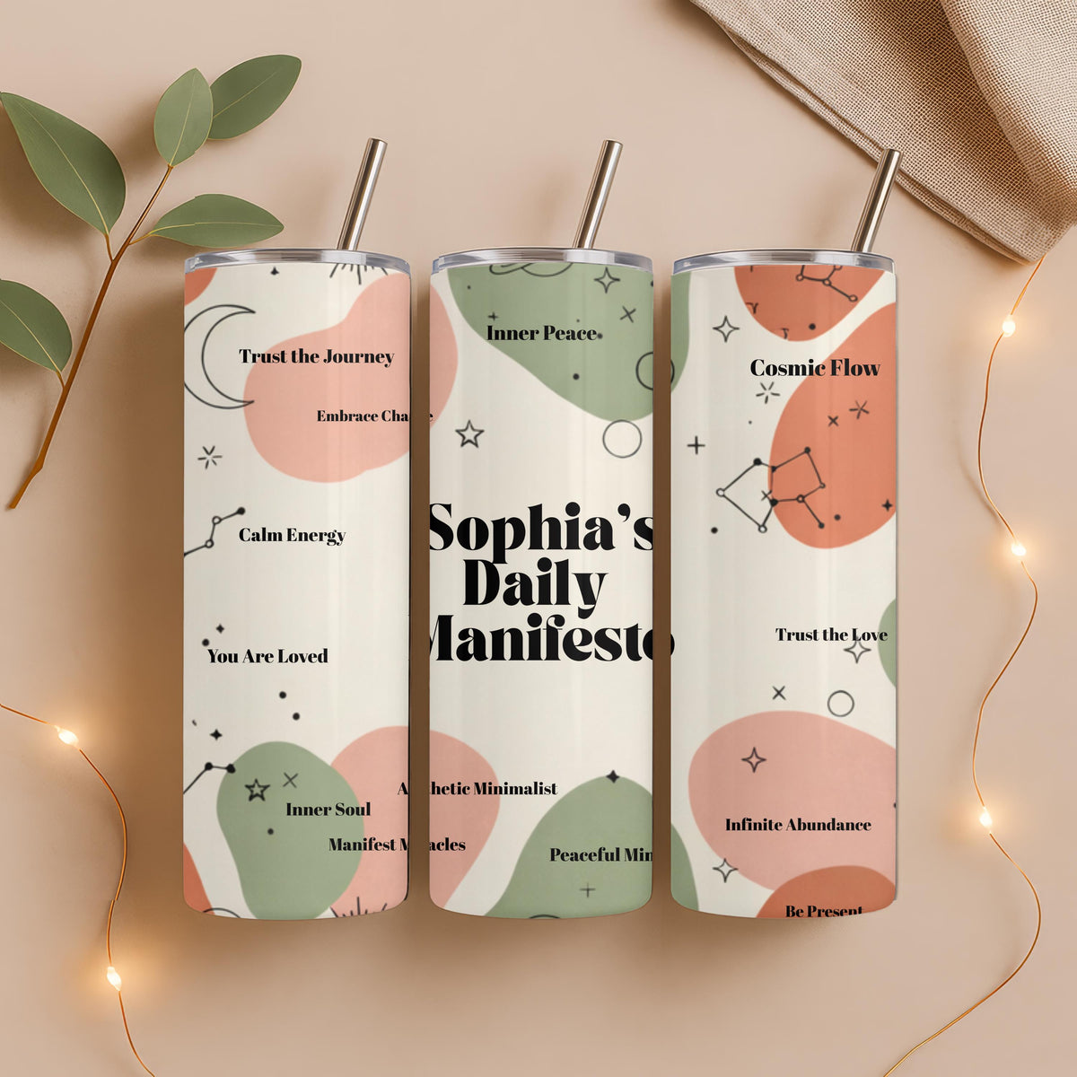 Custom name Daily Manifesto Tumbler, 20oz Skinny Tumbler, Positive Affirmations Travel Mug, Spiritual Aesthetic Manifest Cup