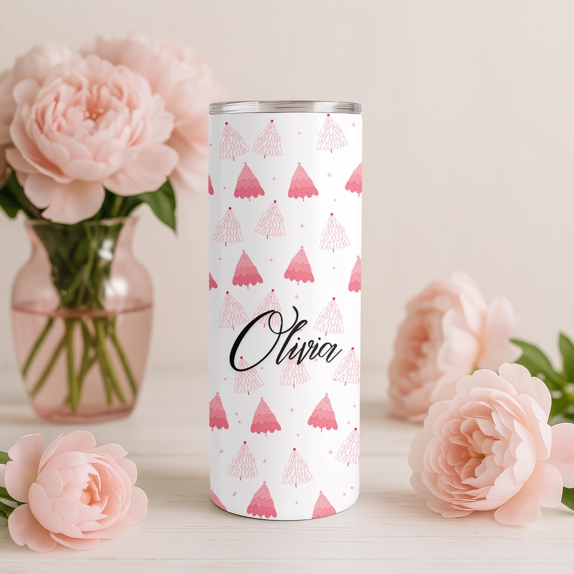 Personalized Pink Christmas Tumbler, Custom Name 20oz Skinny Tumbler, Christmas Tree Mug, Girly Christmas Gift for Her