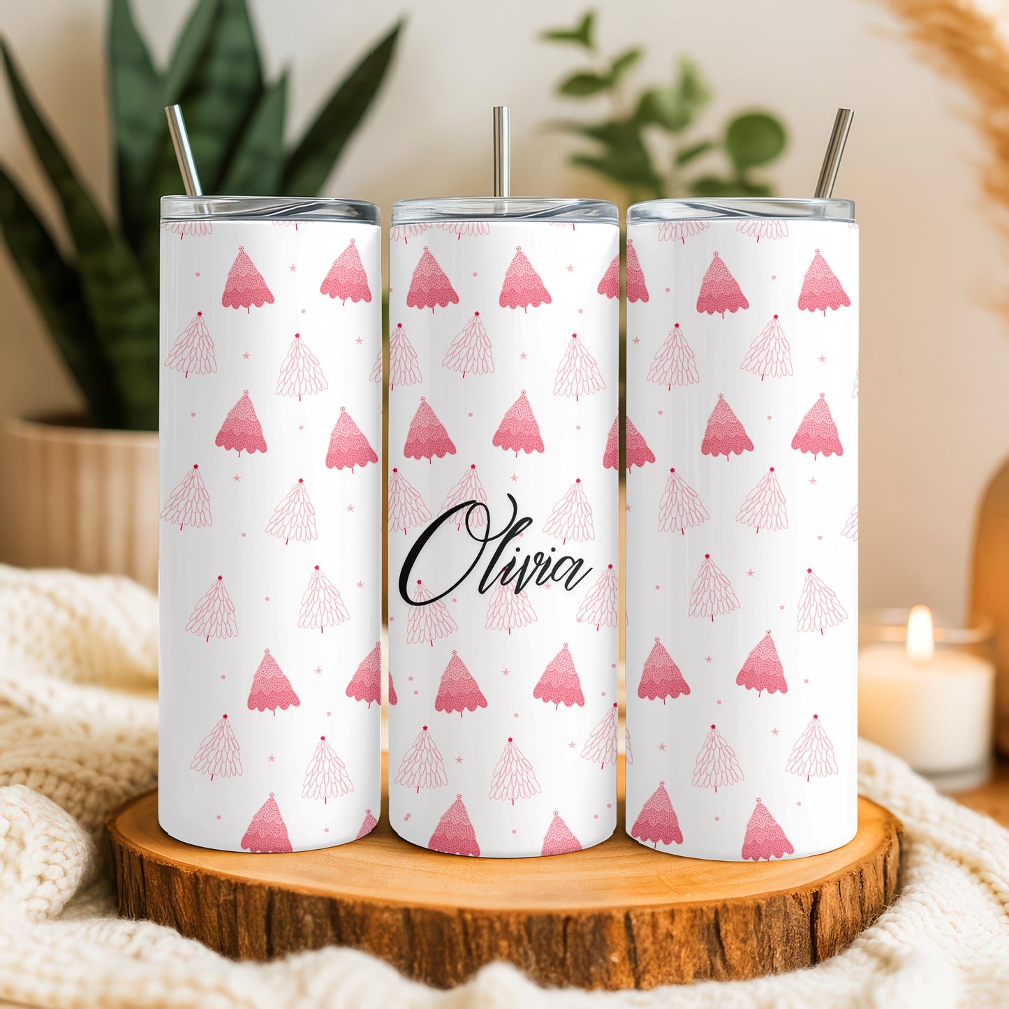 Personalized Pink Christmas Tumbler, Custom Name 20oz Skinny Tumbler, Christmas Tree Mug, Girly Christmas Gift for Her