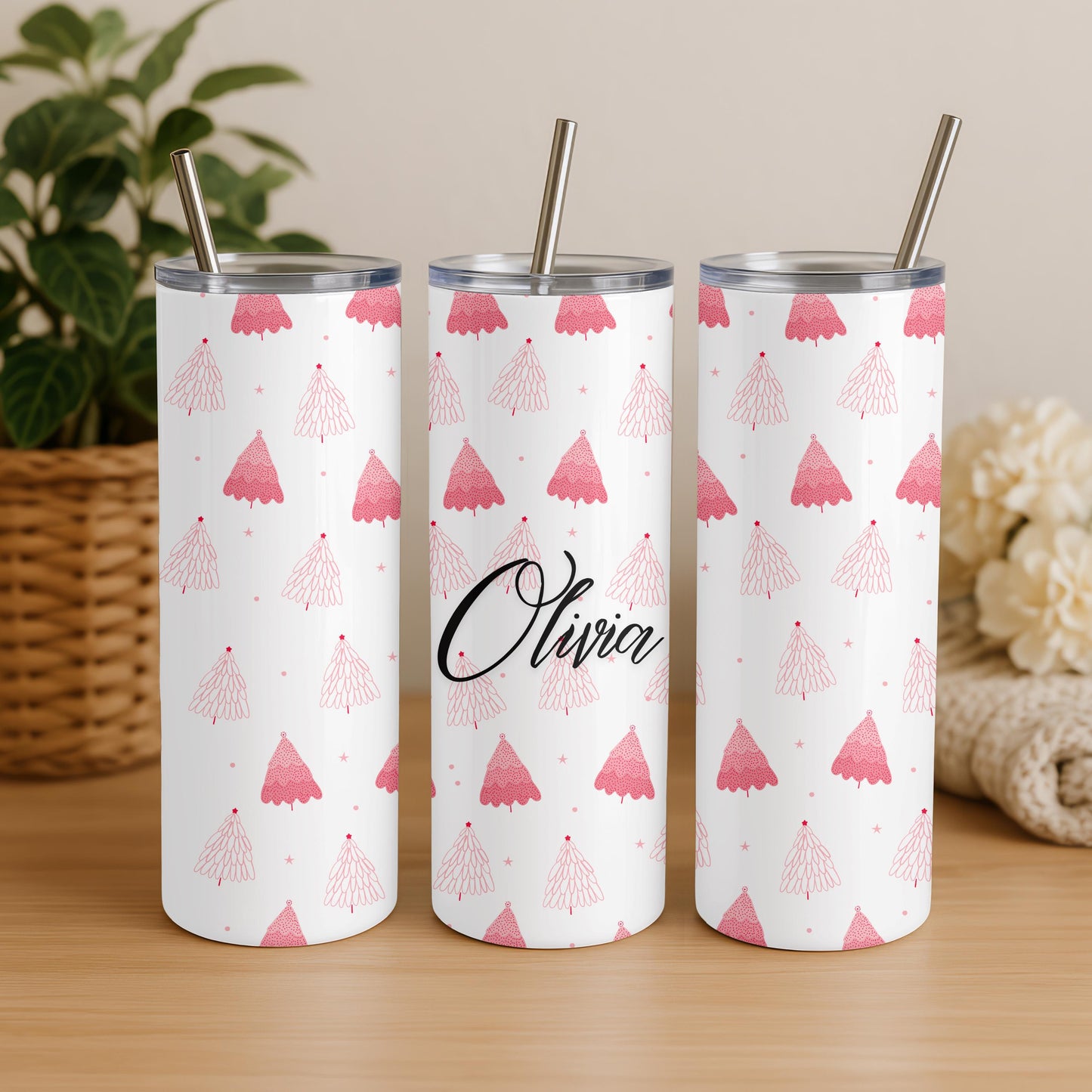 Personalized Pink Christmas Tumbler, Custom Name 20oz Skinny Tumbler, Christmas Tree Mug, Girly Christmas Gift for Her