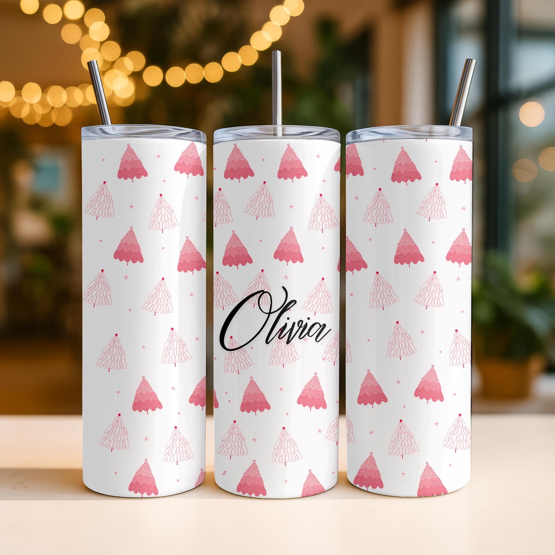 Personalized Pink Christmas Tumbler, Custom Name 20oz Skinny Tumbler, Christmas Tree Mug, Girly Christmas Gift for Her
