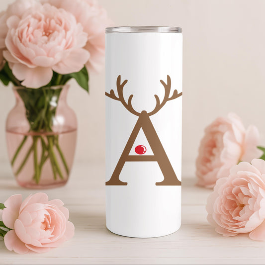 Personalized Christmas Tumbler, Gift for Her, Custom Letter Reindeer Cup, 20oz Skinny Tumbler with Name, Holiday Gift