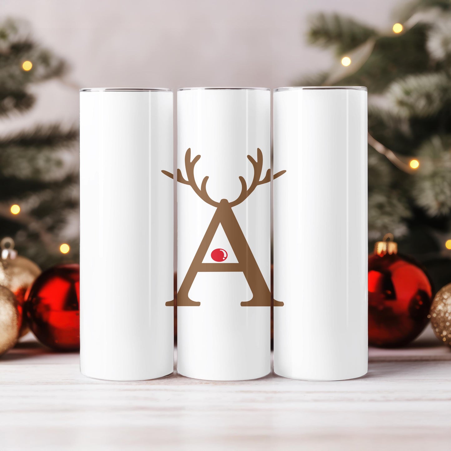 Personalized Christmas Tumbler, Gift for Her, Custom Letter Reindeer Cup, 20oz Skinny Tumbler with Name, Holiday Gift