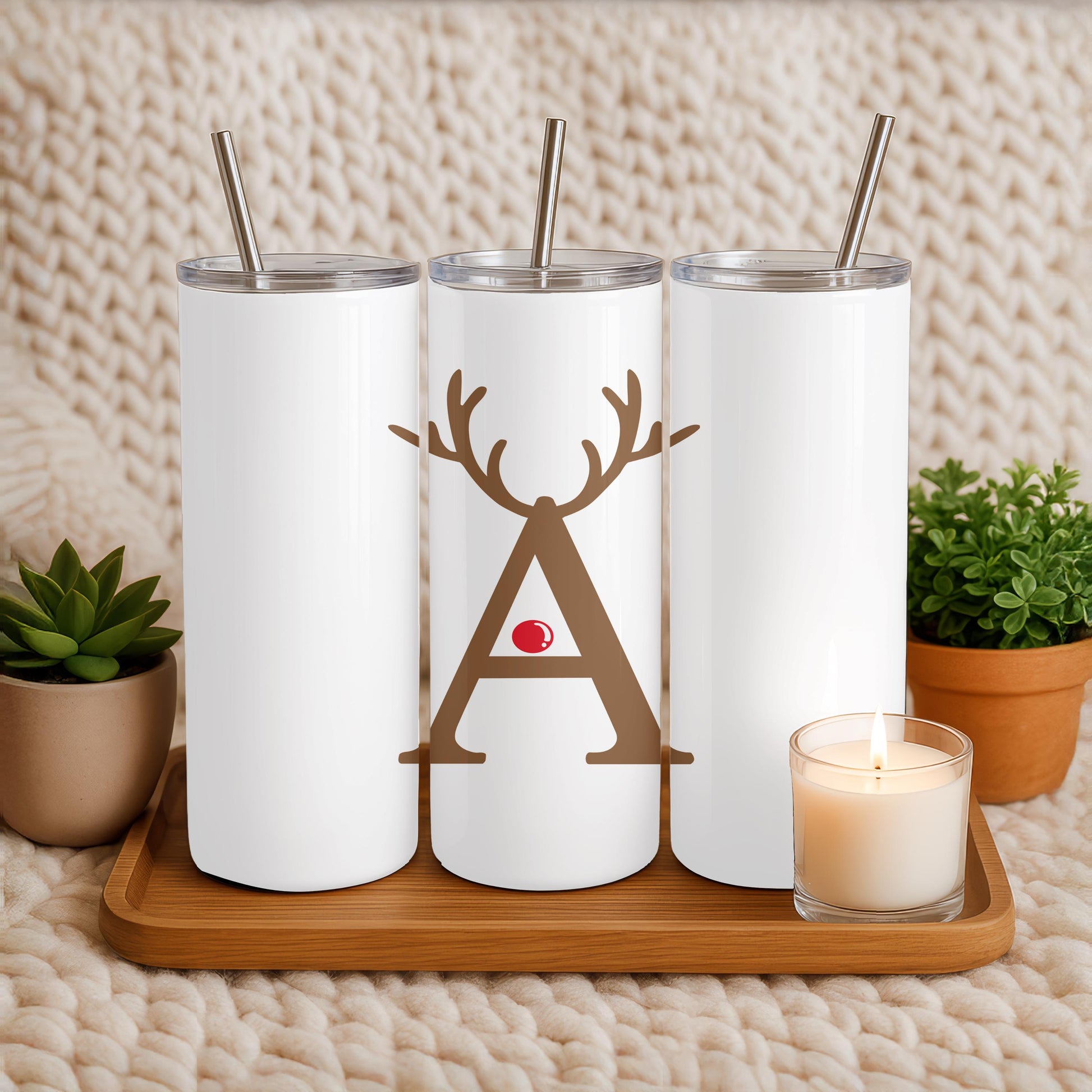 Personalized Christmas Tumbler, Gift for Her, Custom Letter Reindeer Cup, 20oz Skinny Tumbler with Name, Holiday Gift