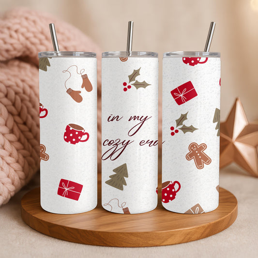 In My Cozy Era Tumbler, Aesthetic Winter Holiday Gift for Her, 20oz Skinny Tumbler, Cute Gingerbread and Christmas Travel Mug