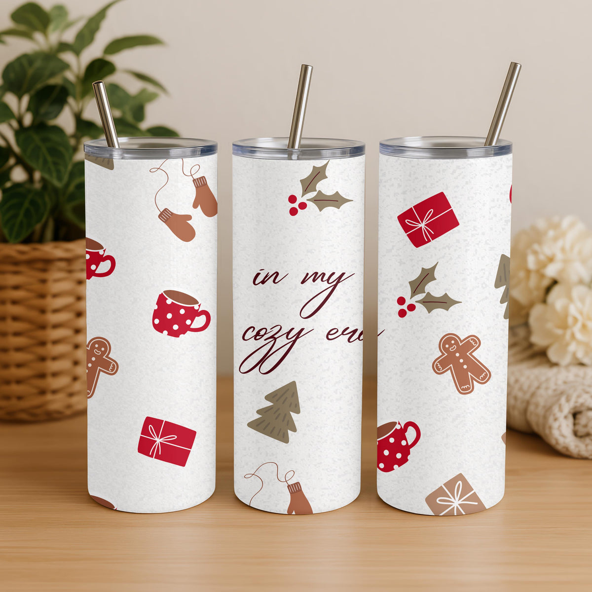 In My Cozy Era Tumbler, Aesthetic Winter Holiday Gift for Her, 20oz Skinny Tumbler, Cute Gingerbread and Christmas Travel Mug
