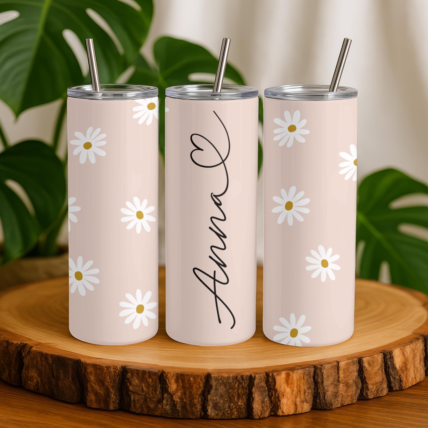 Personalized Daisy Tumbler with Name, Boho Floral 20oz Skinny Tumbler, Gift for Her, Bridesmaid Proposal Gift