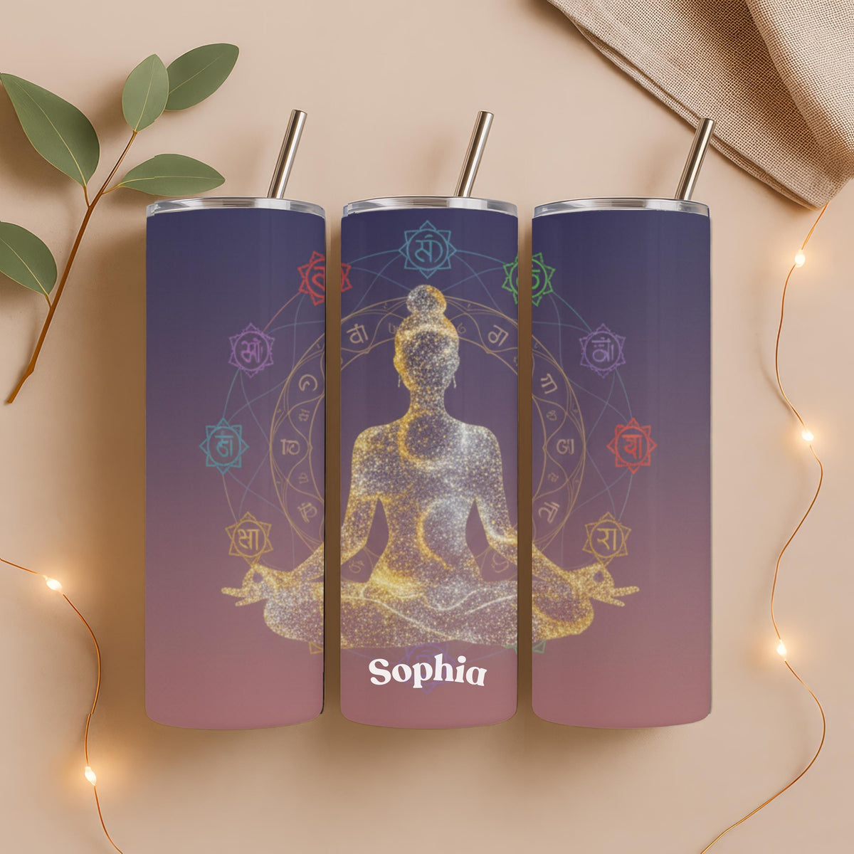 Personalized Yoga Tumbler with Name, Chakra Meditation Gift for Her, 20oz Skinny Tumbler, Custom Yoga Lover Travel Mug
