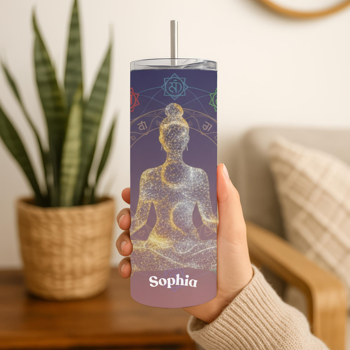 Personalized Yoga Tumbler with Name, Chakra Meditation Gift for Her, 20oz Skinny Tumbler, Custom Yoga Lover Travel Mug