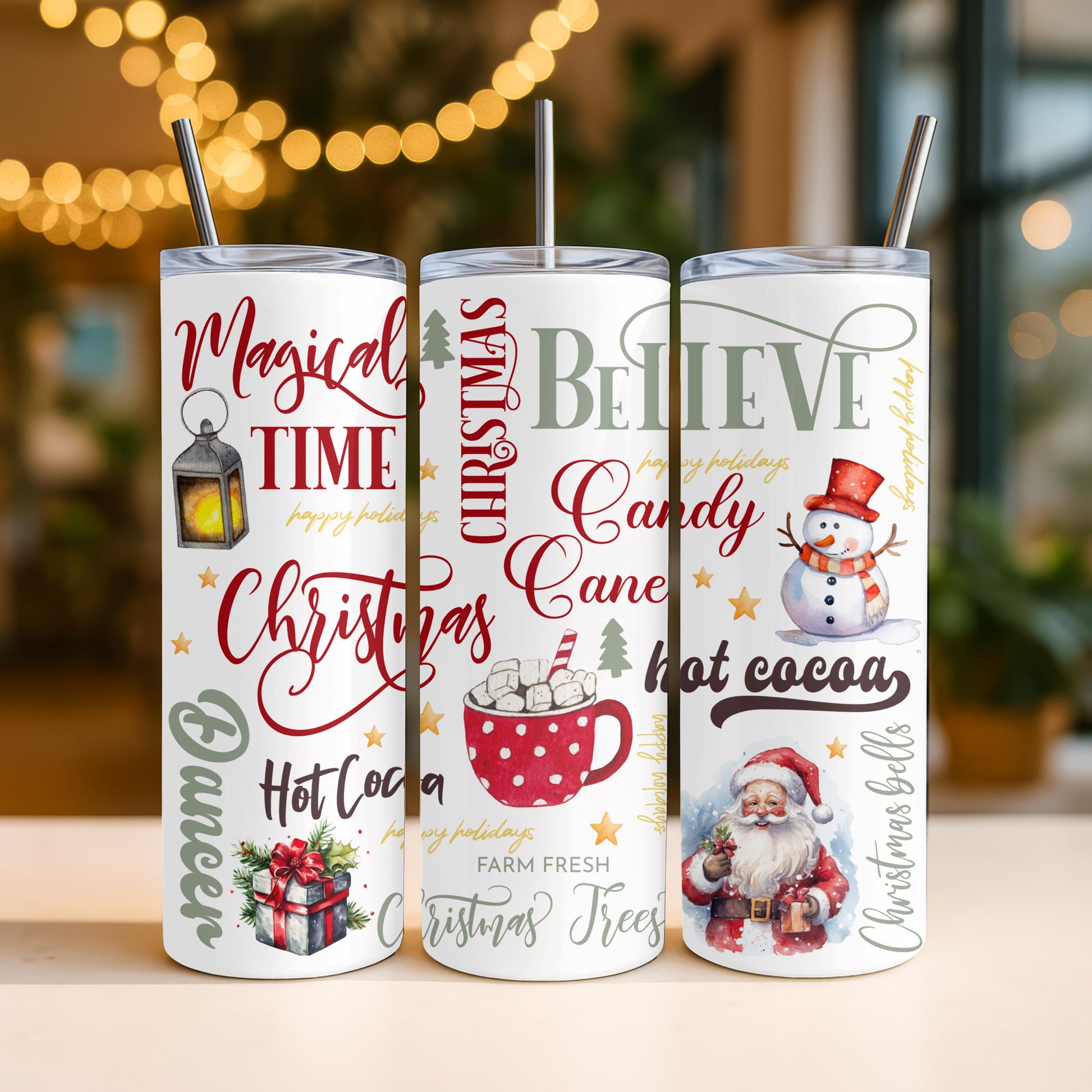 Christmas 20oz Skinny Tumbler, Santa and Snowman Holiday Cup, Aesthetic Gingerbread, Gift for Her