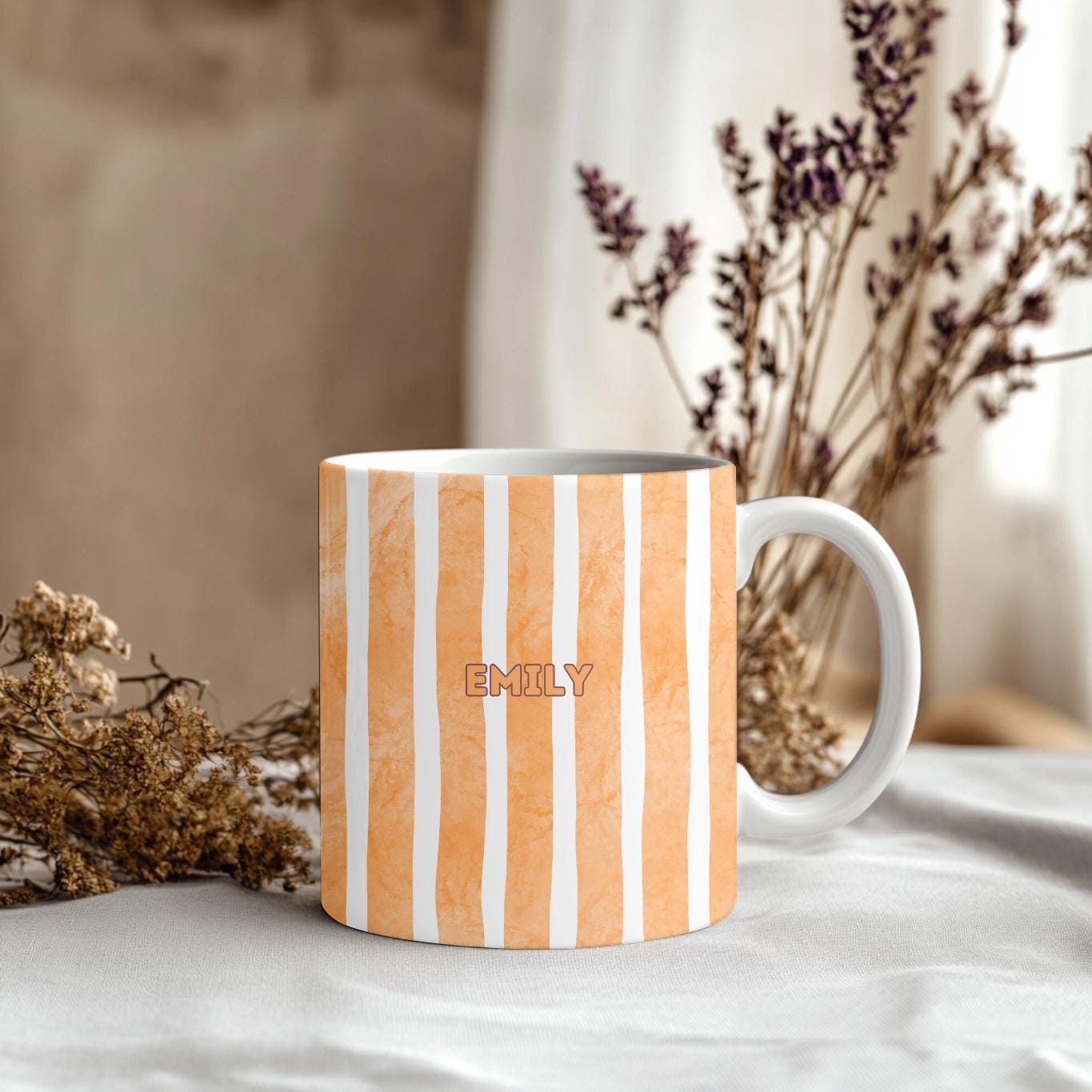 Personalized Striped Mug: Custom Name Watercolor Ceramic Coffee Cup, Minimalist Aesthetic Gift for Her, Striped Pottery Style Mug