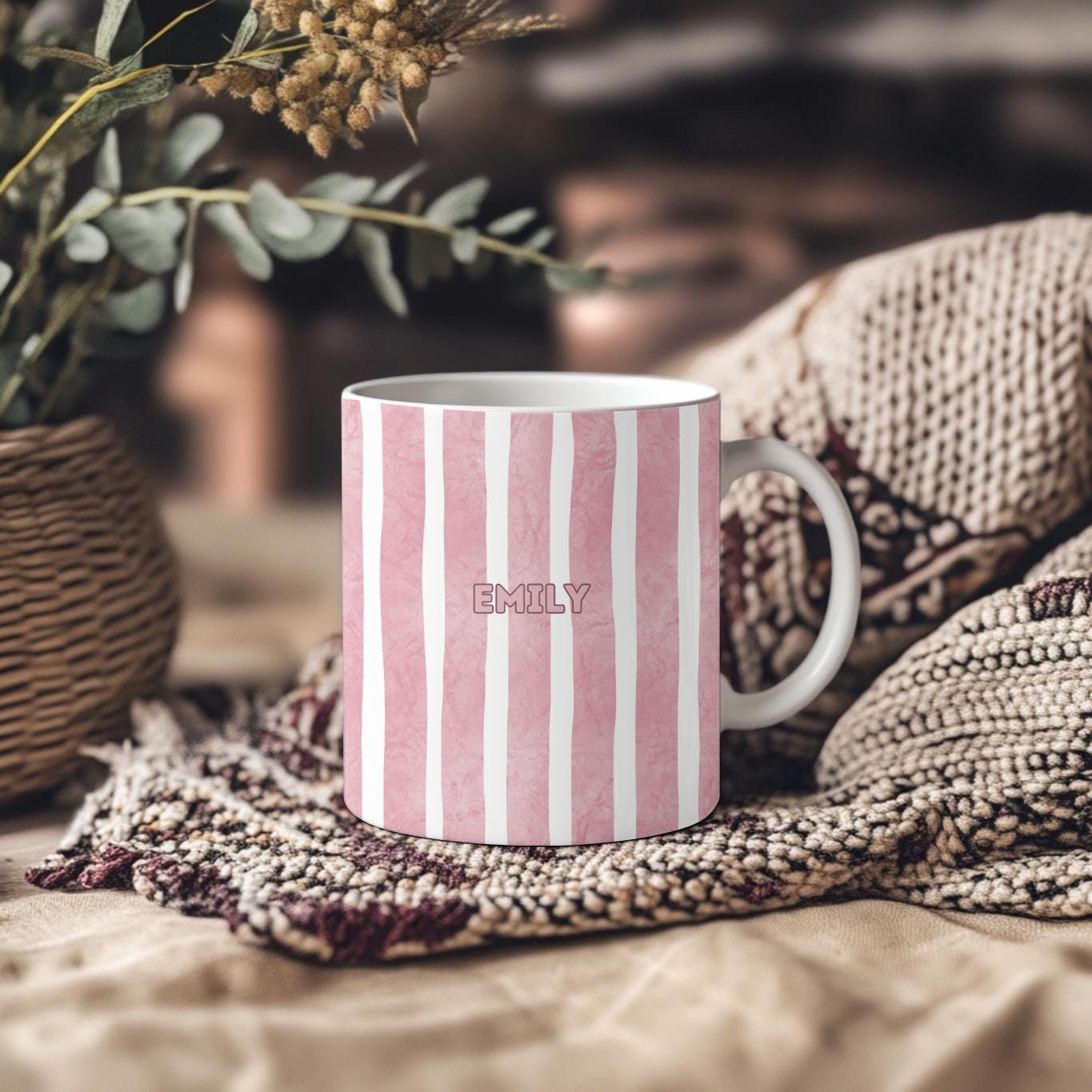 Personalized Striped Mug: Custom Name Watercolor Ceramic Coffee Cup, Minimalist Aesthetic Gift for Her, Striped Pottery Style Mug