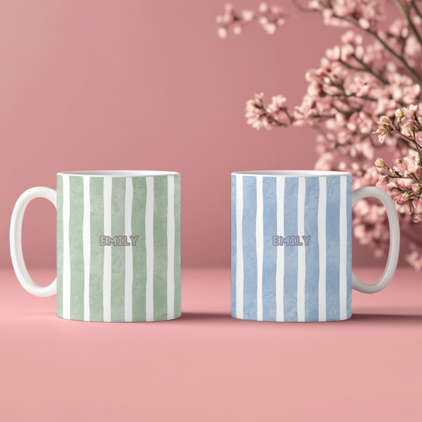 Personalized Striped Mug: Custom Name Watercolor Ceramic Coffee Cup, Minimalist Aesthetic Gift for Her, Striped Pottery Style Mug