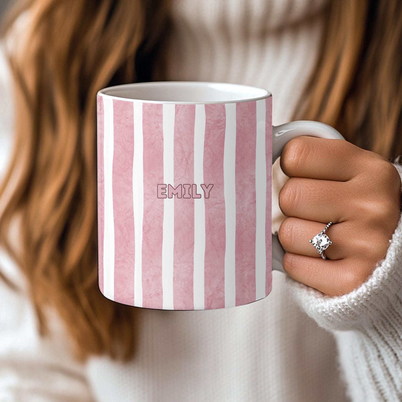 Personalized Striped Mug: Custom Name Watercolor Ceramic Coffee Cup, Minimalist Aesthetic Gift for Her, Striped Pottery Style Mug