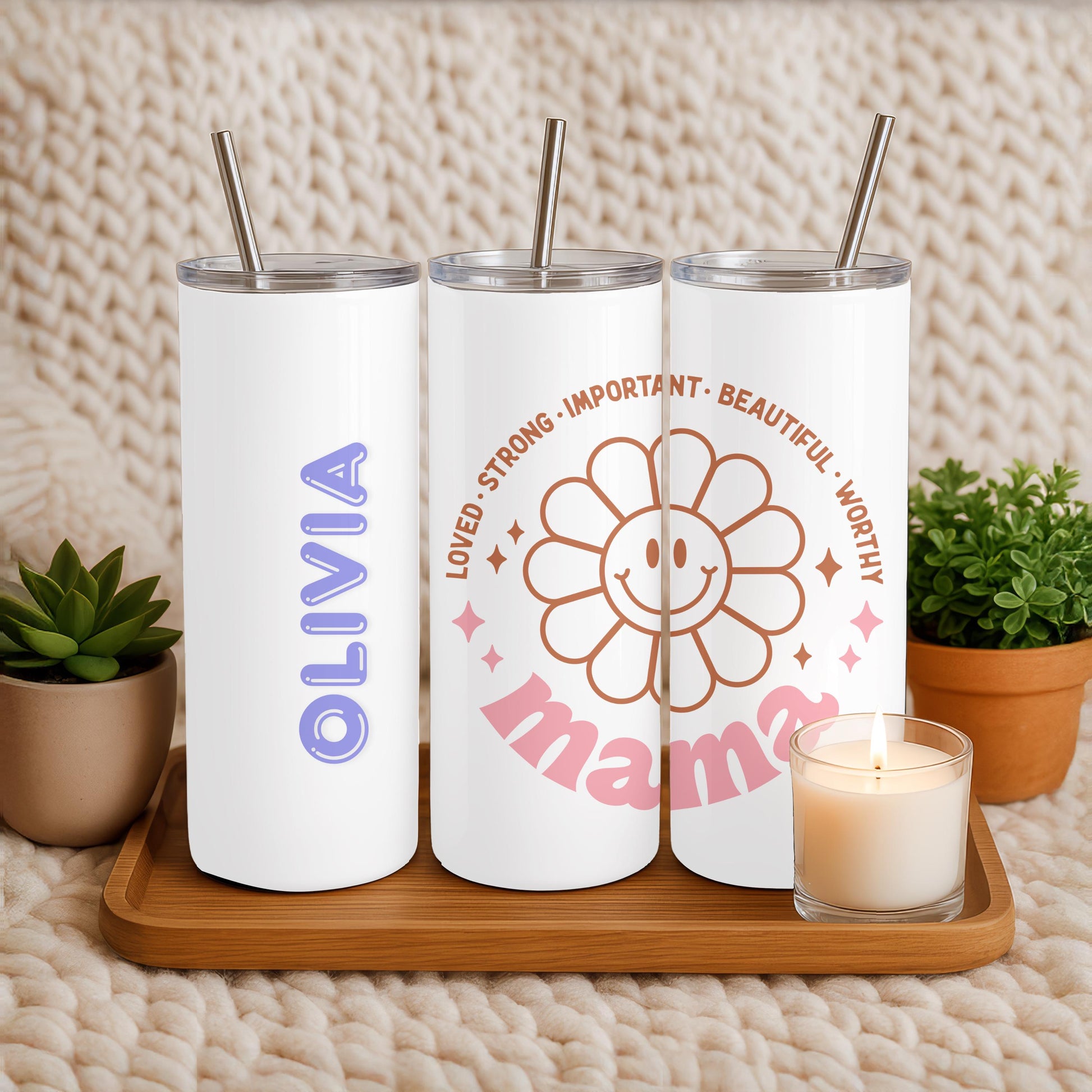 Personalized Mama Tumbler, Daisy Flower Mother's Day Gift, 20oz Skinny Tumbler for Mom, Custom Gift for Her