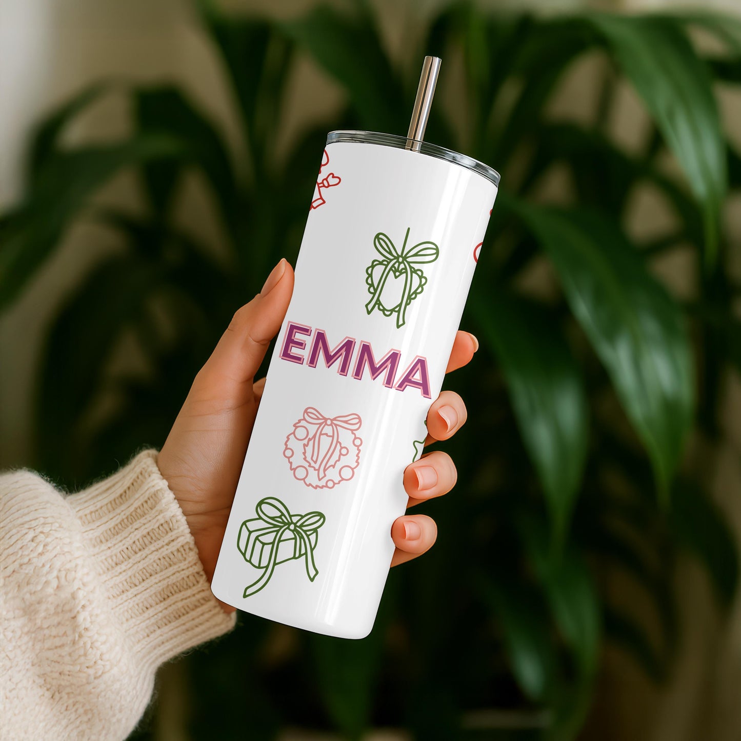 Personalized Christmas Tumbler with Name, Custom Xmas Doodle 20oz Skinny Tumbler, Aesthetic Holiday Gift for Her