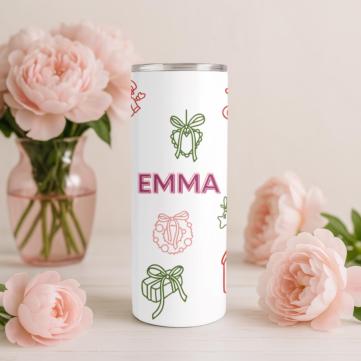 Personalized Christmas Tumbler with Name, Custom Xmas Doodle 20oz Skinny Tumbler, Aesthetic Holiday Gift for Her