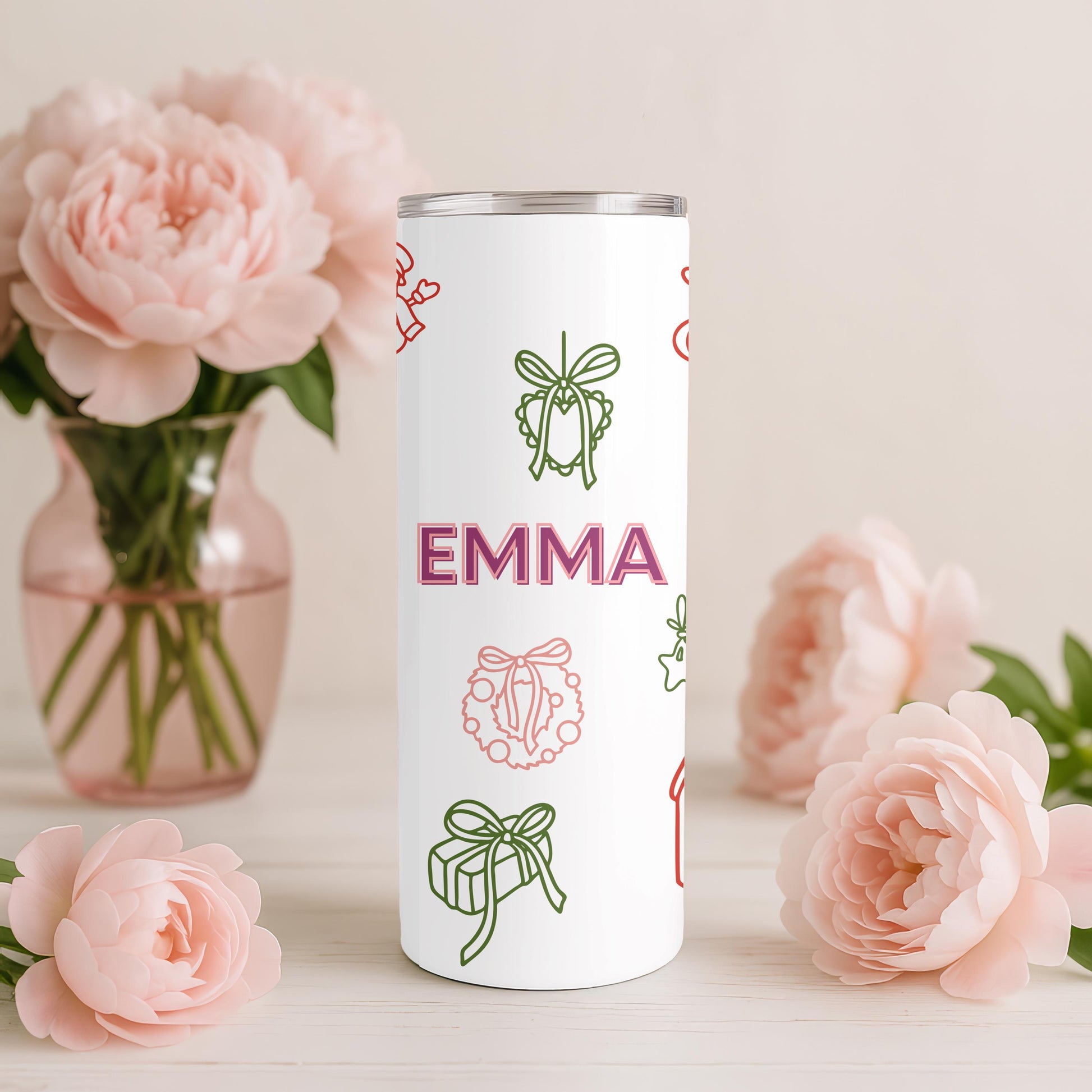 Personalized Christmas Tumbler with Name, Custom Xmas Doodle 20oz Skinny Tumbler, Aesthetic Holiday Gift for Her