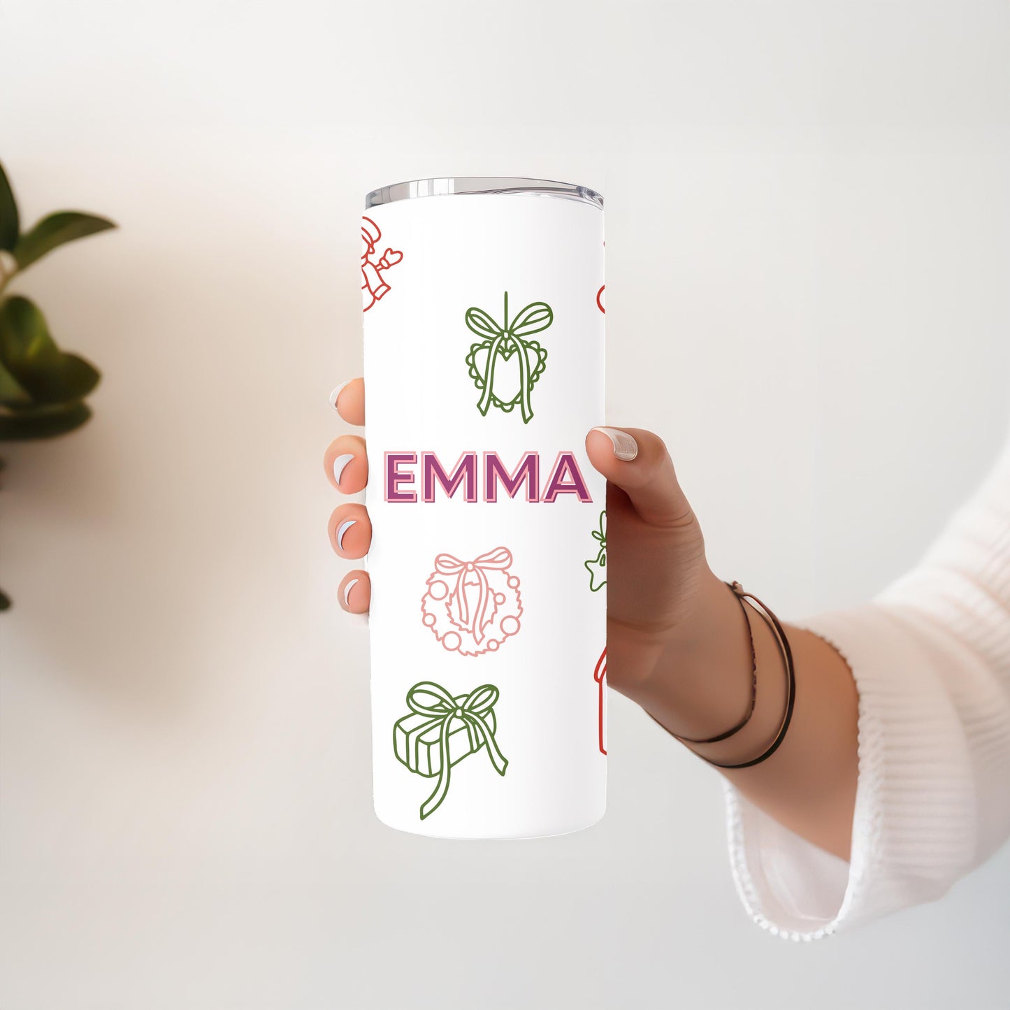 Personalized Christmas Tumbler with Name, Custom Xmas Doodle 20oz Skinny Tumbler, Aesthetic Holiday Gift for Her