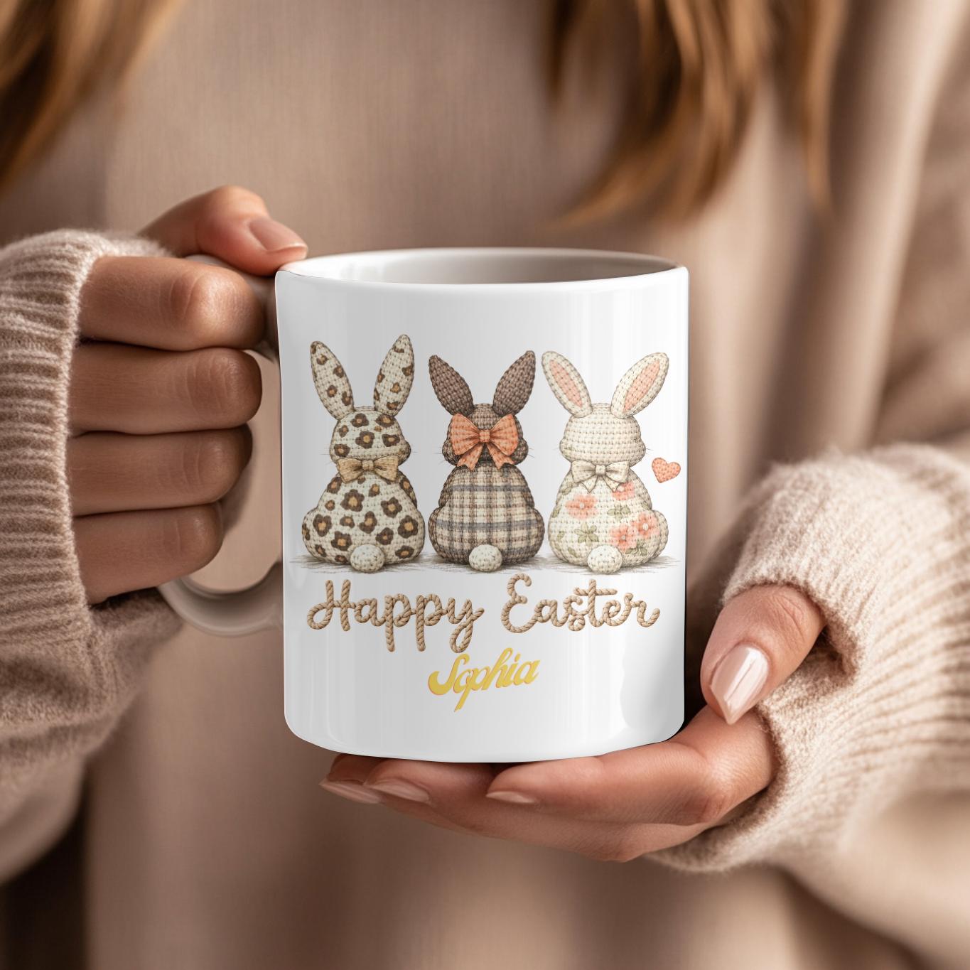 Personalized Easter Mug: Custom Name Bunny Coffee Cup, Leopard Floral Bunny Gift, Easter Basket Stuffer