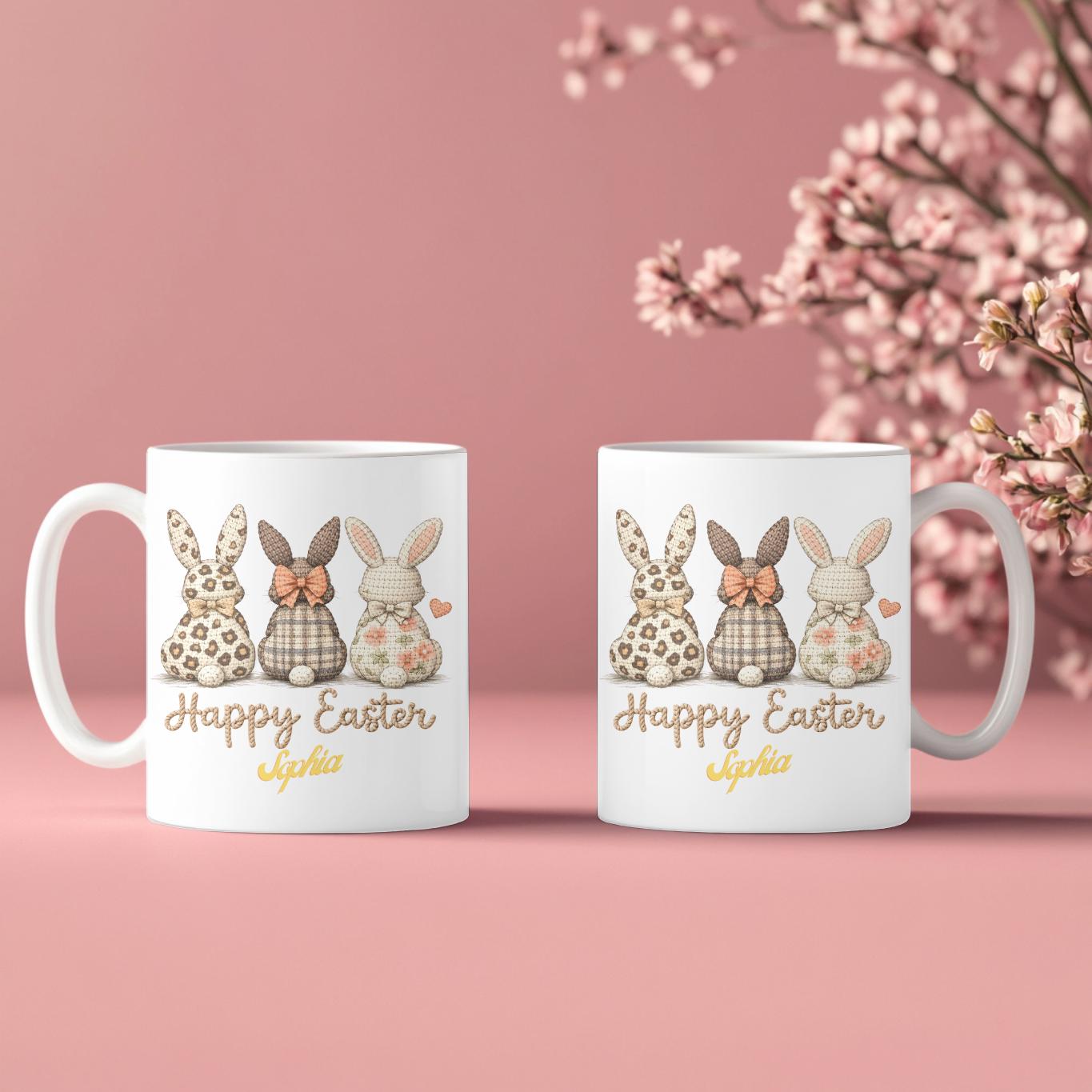 Personalized Easter Mug: Custom Name Bunny Coffee Cup, Leopard Floral Bunny Gift, Easter Basket Stuffer