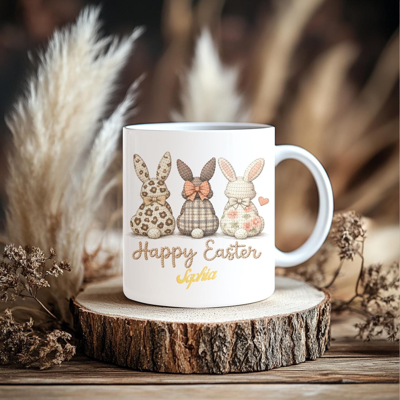 Personalized Easter Mug: Custom Name Bunny Coffee Cup, Leopard Floral Bunny Gift, Easter Basket Stuffer