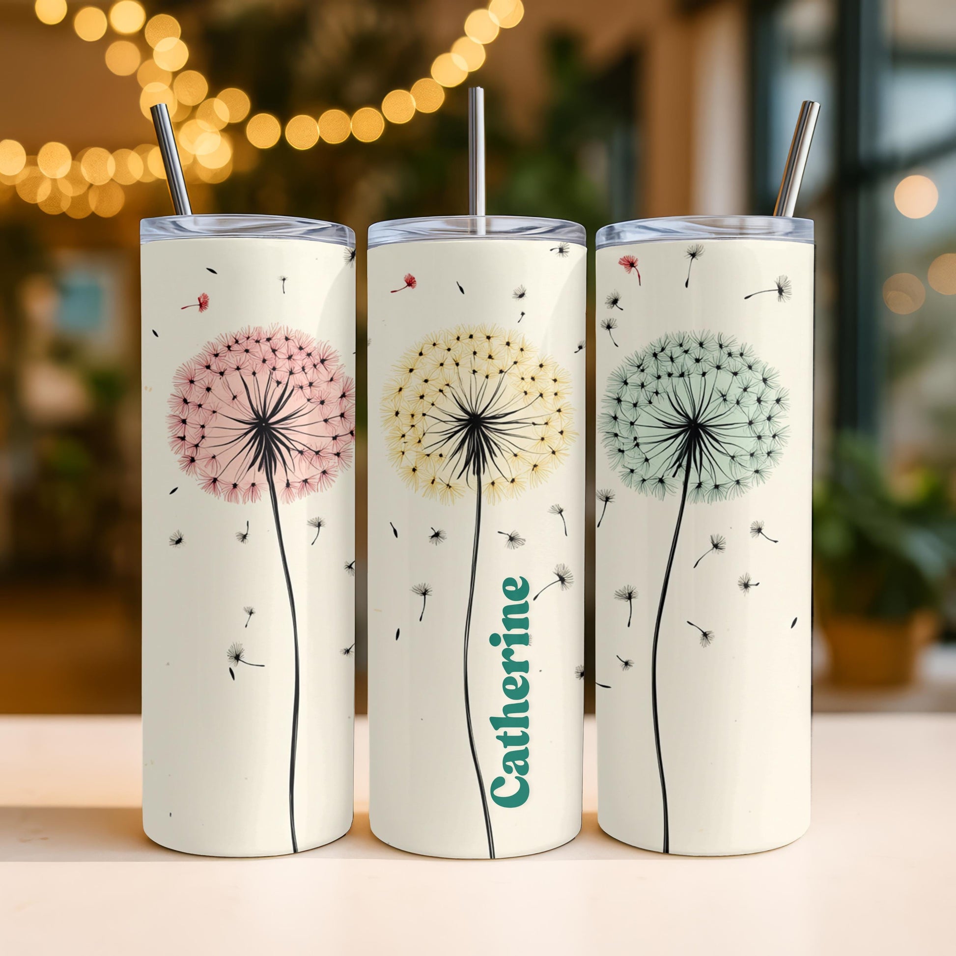 Personalized Dandelion Tumbler, Custom Name Wish Flower Cup, 20oz Skinny Tumbler, Nature Gift for Her