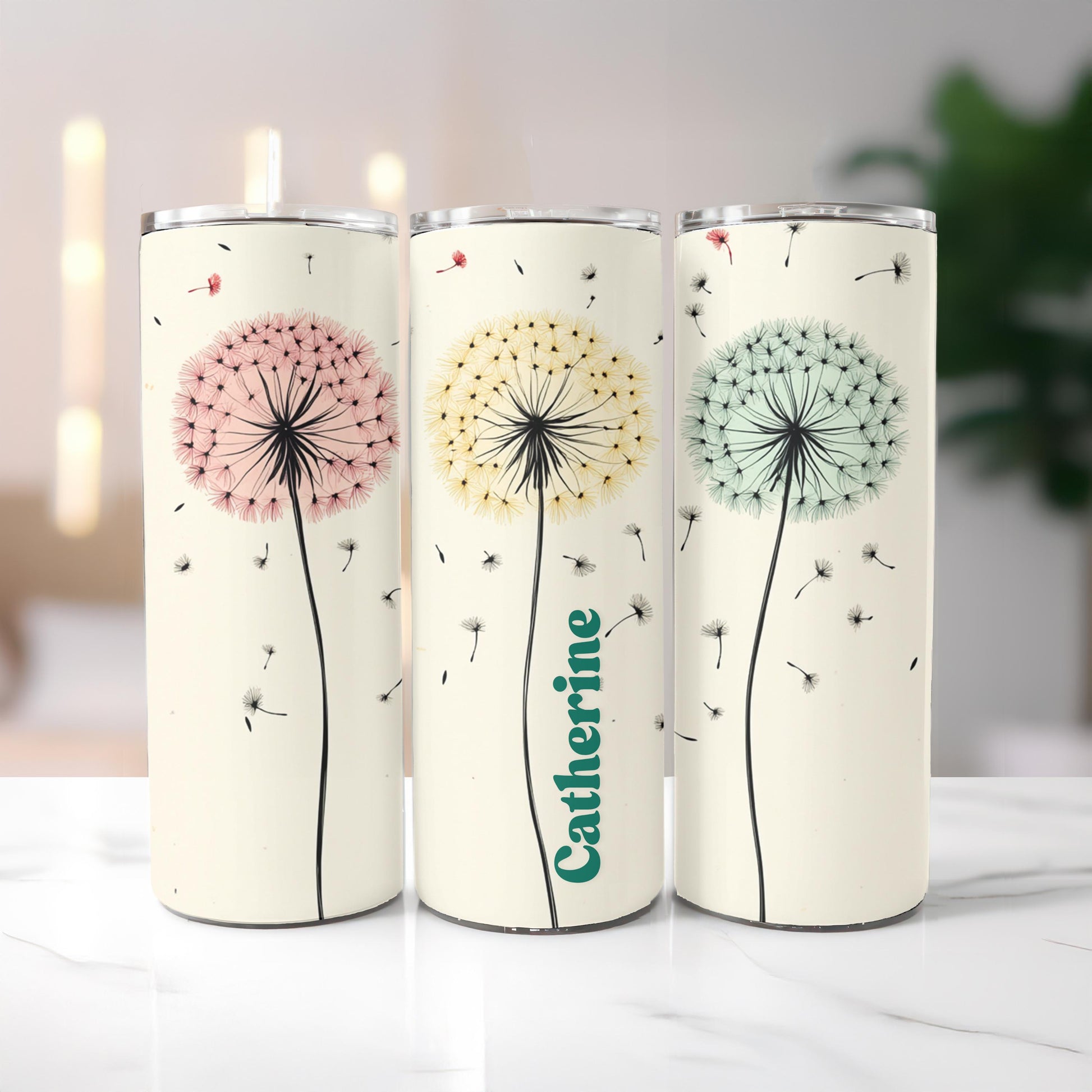 Personalized Dandelion Tumbler, Custom Name Wish Flower Cup, 20oz Skinny Tumbler, Nature Gift for Her