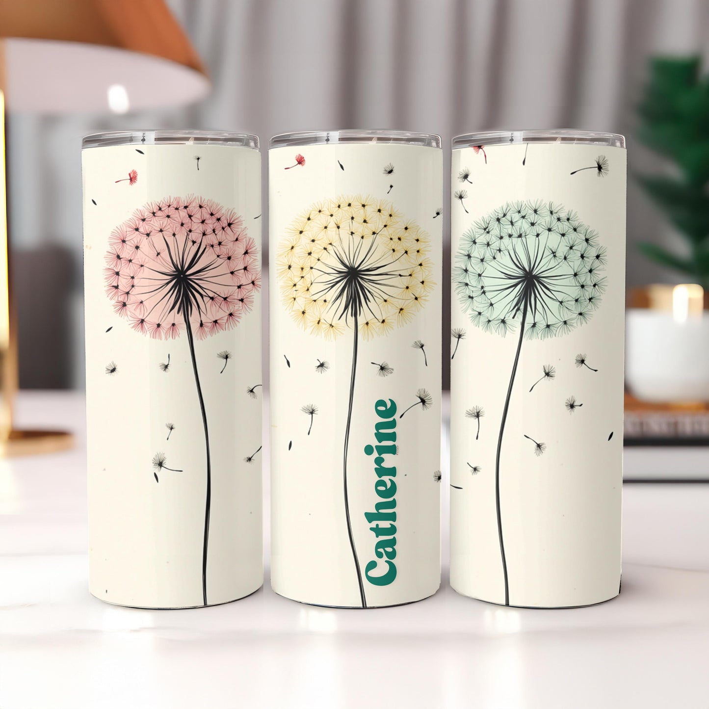 Personalized Dandelion Tumbler, Custom Name Wish Flower Cup, 20oz Skinny Tumbler, Nature Gift for Her