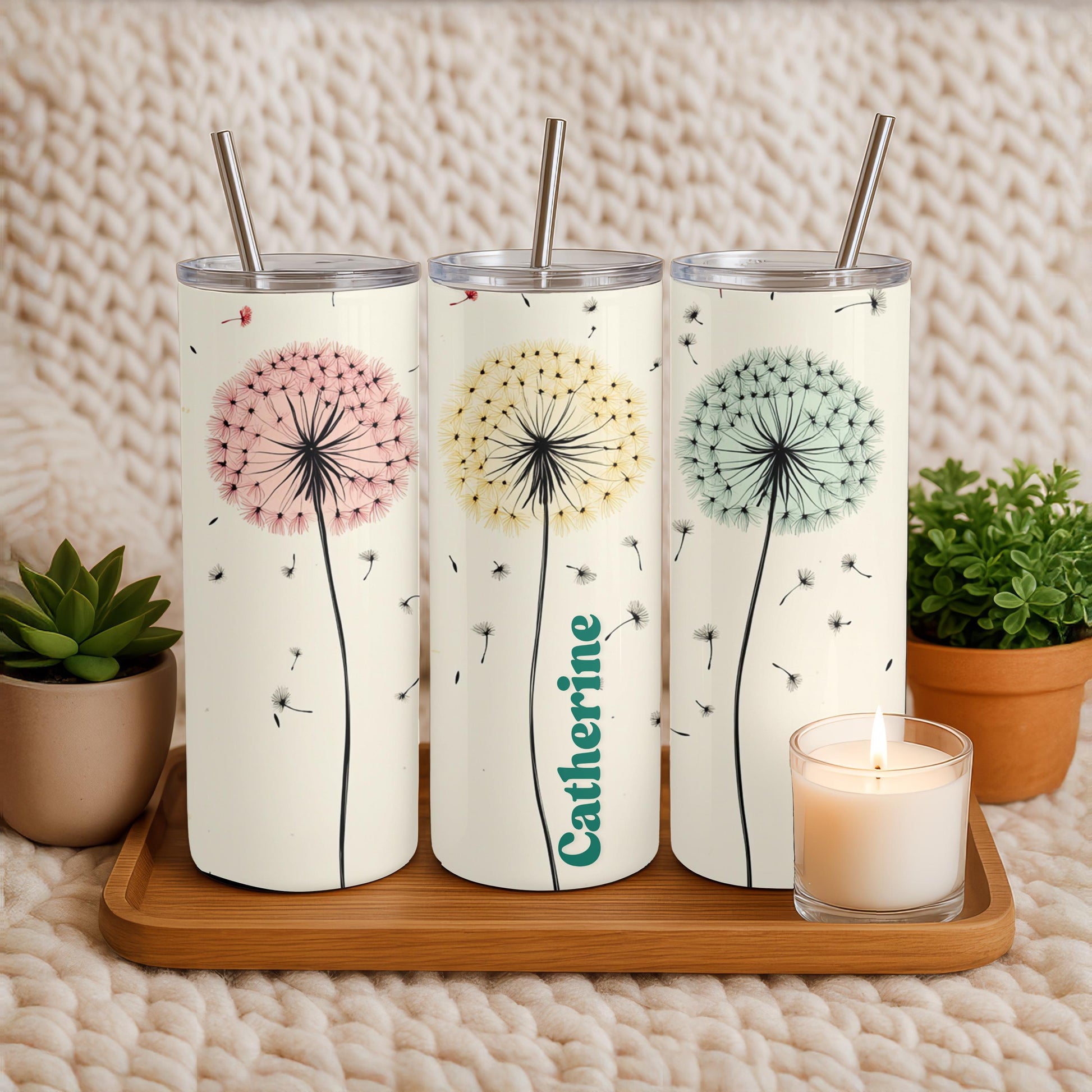 Personalized Dandelion Tumbler, Custom Name Wish Flower Cup, 20oz Skinny Tumbler, Nature Gift for Her