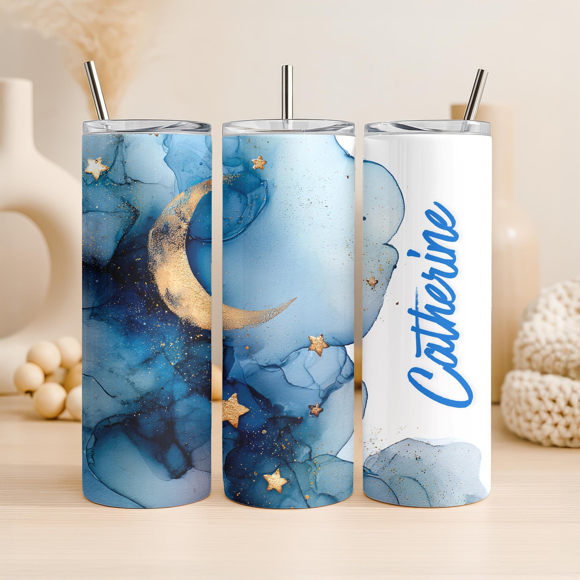 Personalized Celestial Tumbler with Name, Gold Moon and Stars Gift for Her, 20oz Skinny Travel Mug