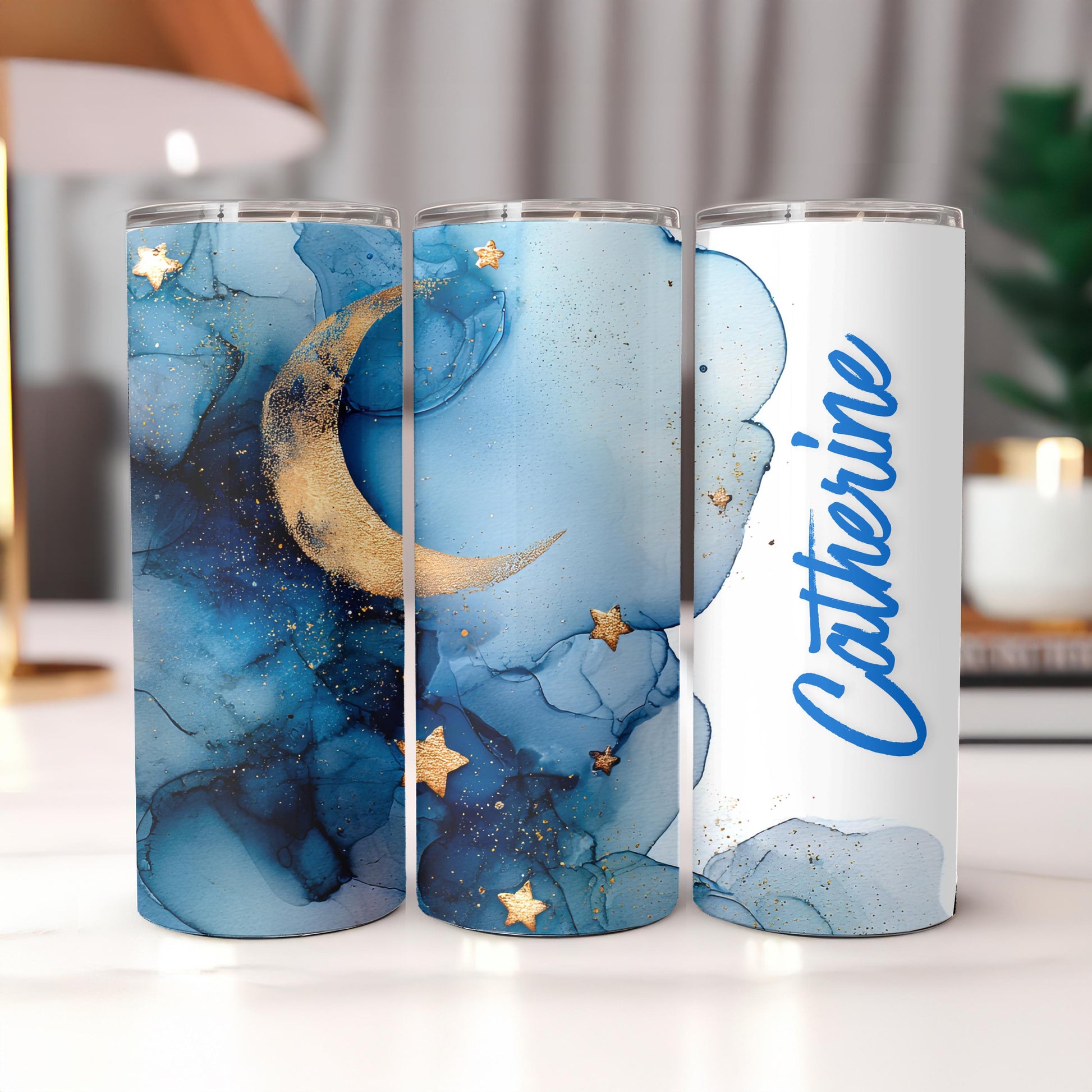 Personalized Celestial Tumbler with Name, Gold Moon and Stars Gift for Her, 20oz Skinny Travel Mug