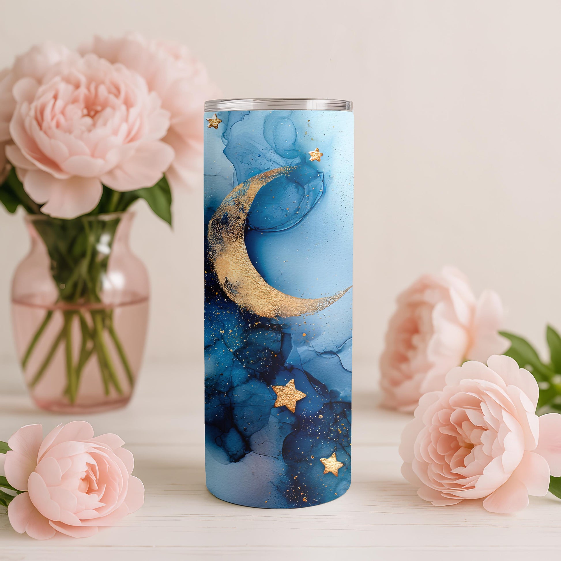 Personalized Celestial Tumbler with Name, Gold Moon and Stars Gift for Her, 20oz Skinny Travel Mug