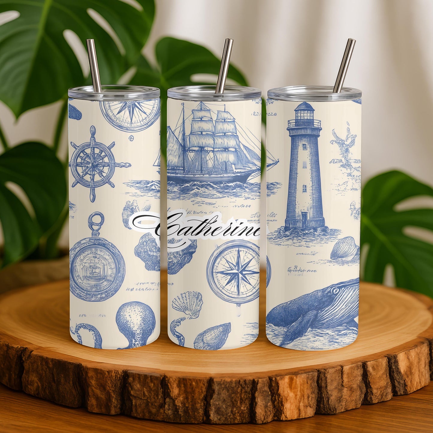 Personalized Nautical Tumbler with Name, Custom Lighthouse Gift for Him Her, Vintage Ocean 20oz Skinny Travel Mug
