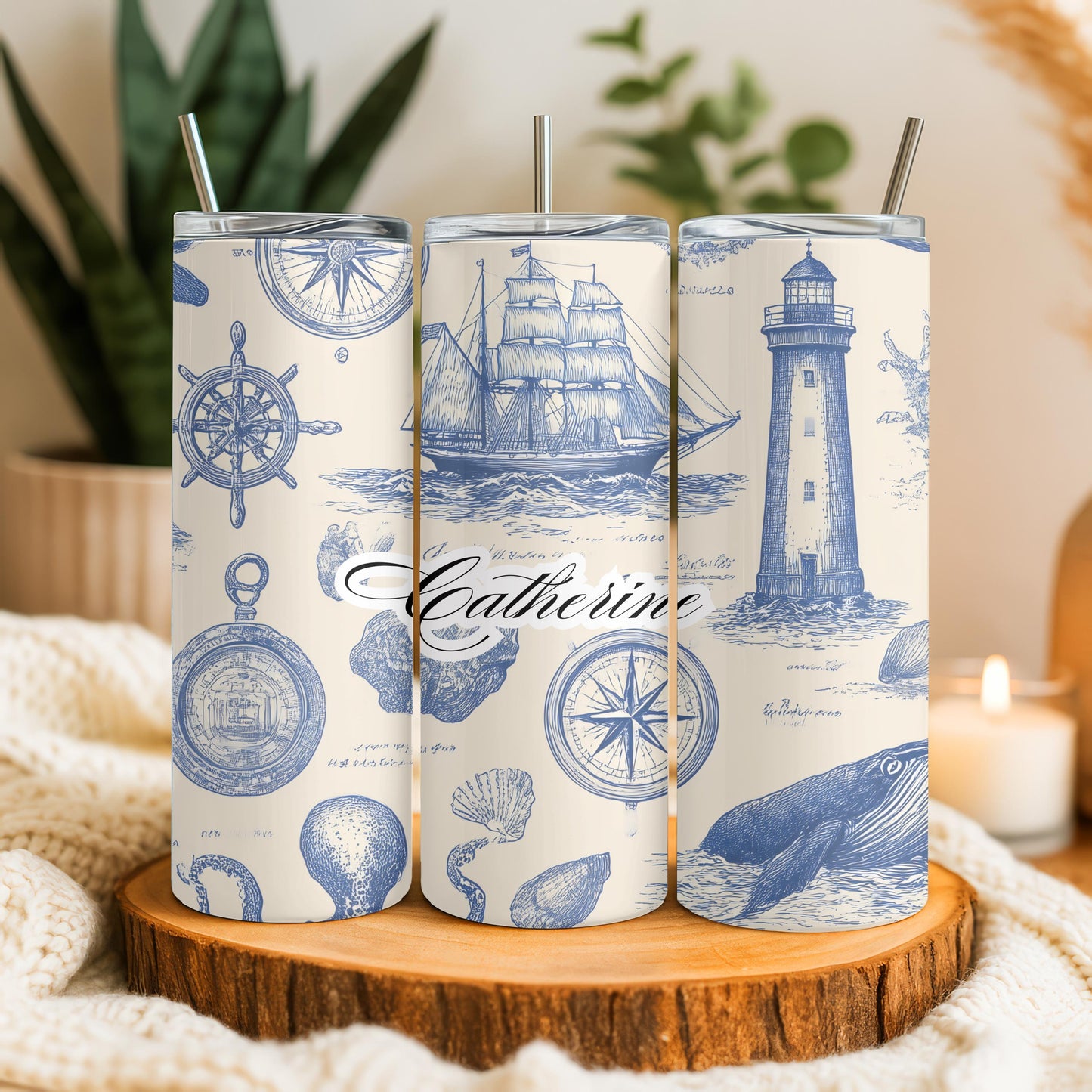 Personalized Nautical Tumbler with Name, Custom Lighthouse Gift for Him Her, Vintage Ocean 20oz Skinny Travel Mug