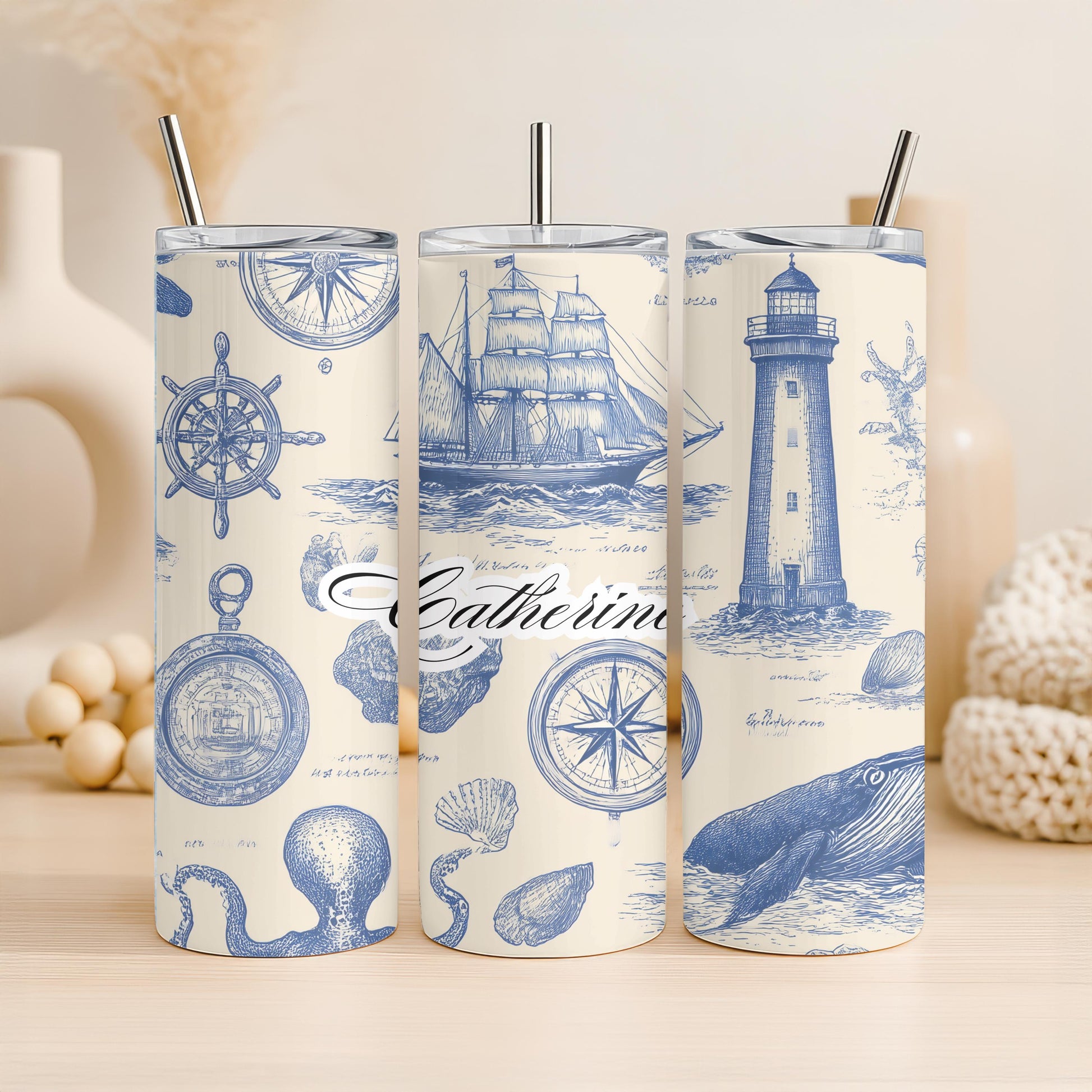 Personalized Nautical Tumbler with Name, Custom Lighthouse Gift for Him Her, Vintage Ocean 20oz Skinny Travel Mug