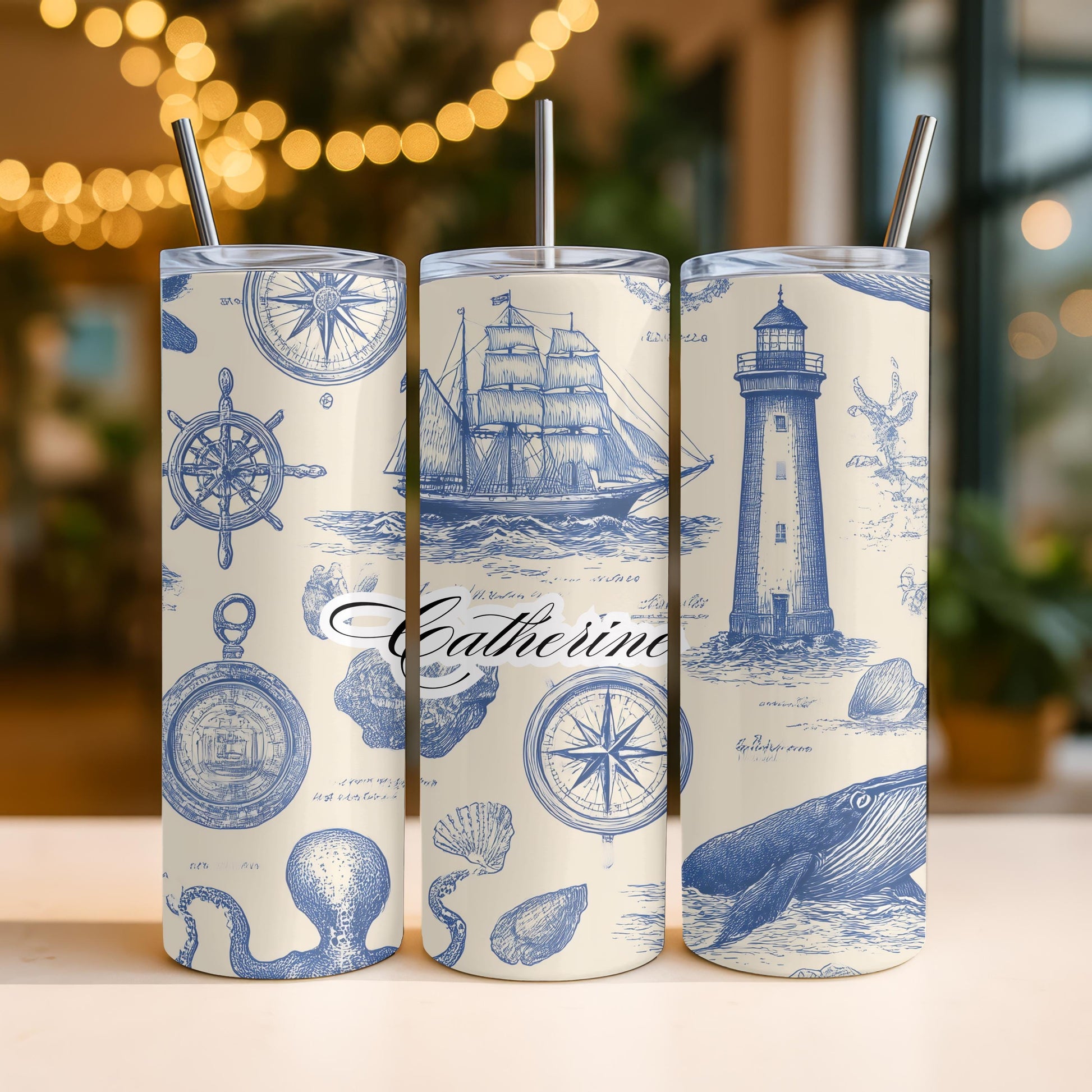 Personalized Nautical Tumbler with Name, Custom Lighthouse Gift for Him Her, Vintage Ocean 20oz Skinny Travel Mug