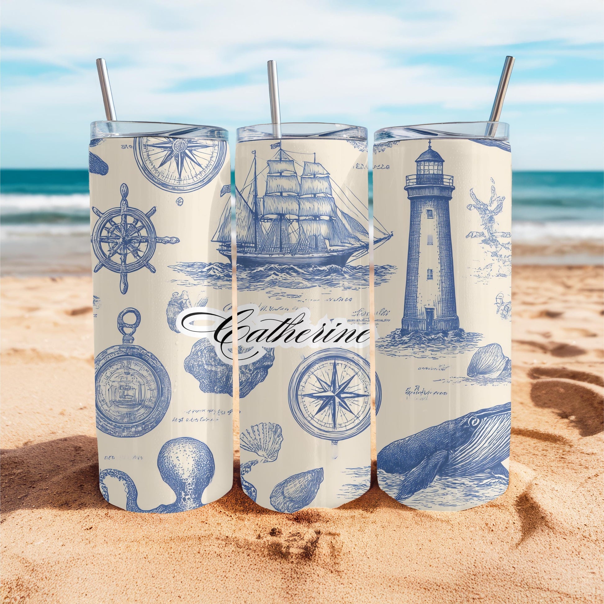 Personalized Nautical Tumbler with Name, Custom Lighthouse Gift for Him Her, Vintage Ocean 20oz Skinny Travel Mug