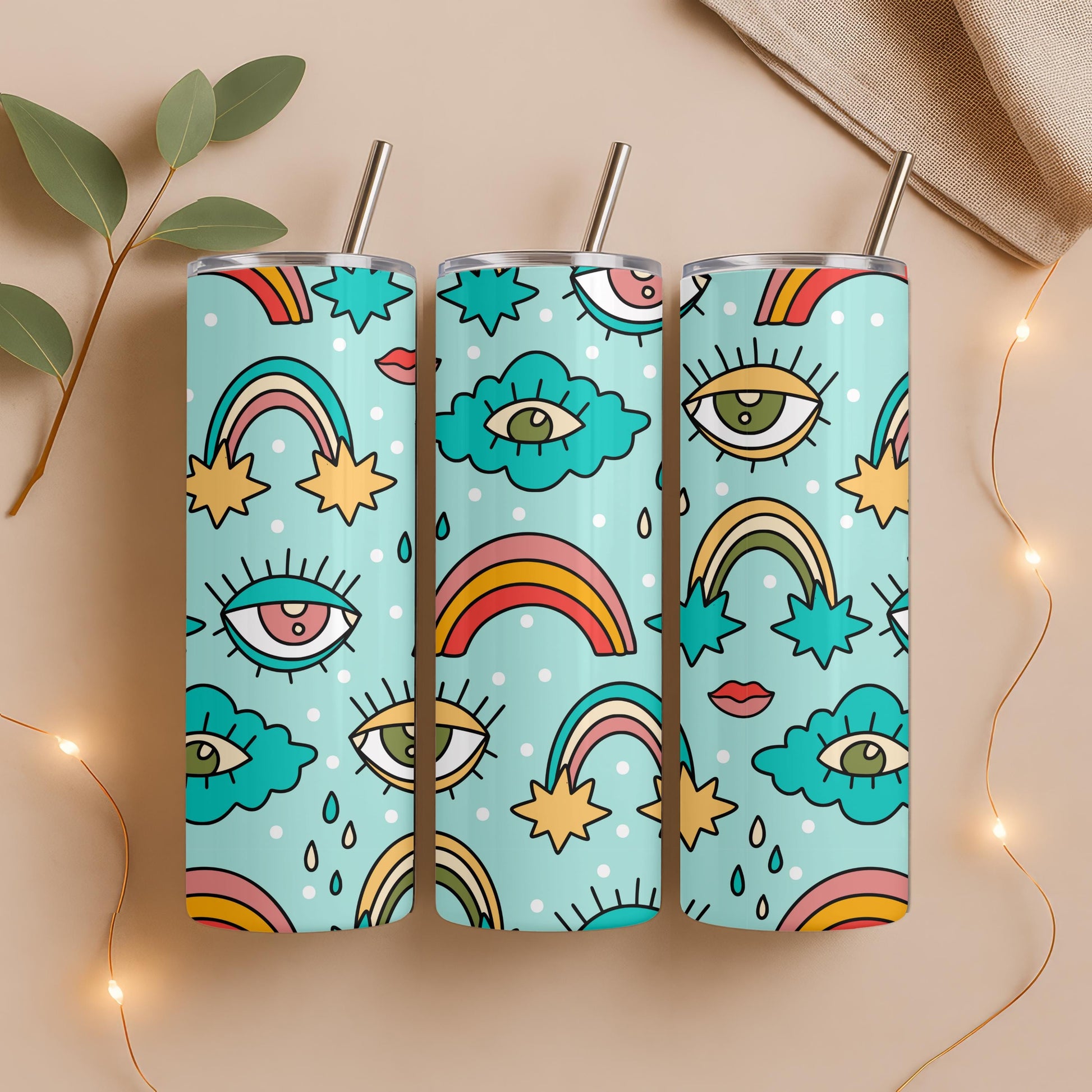 Groovy Retro Tumbler, Rainbow and Eye Pattern 20oz Skinny Tumbler, Aesthetic Trippy Gift for Her, Hippie Psychedelic Travel Mug
