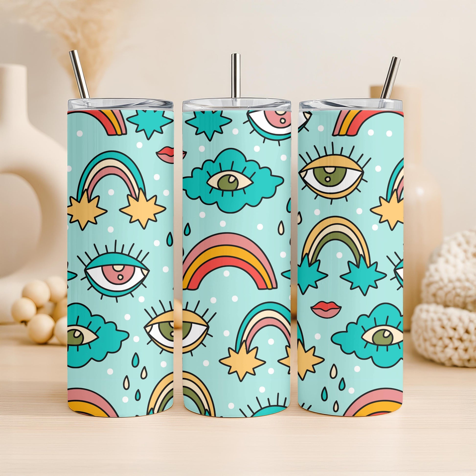 Groovy Retro Tumbler, Rainbow and Eye Pattern 20oz Skinny Tumbler, Aesthetic Trippy Gift for Her, Hippie Psychedelic Travel Mug