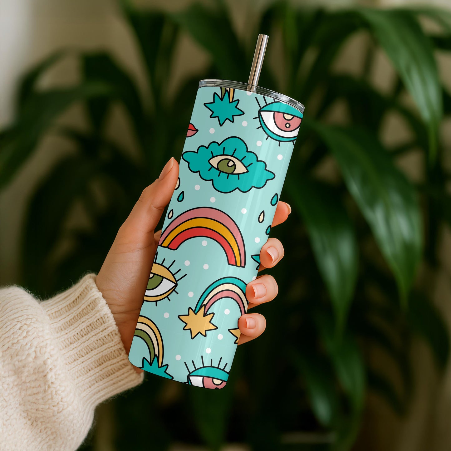 Groovy Retro Tumbler, Rainbow and Eye Pattern 20oz Skinny Tumbler, Aesthetic Trippy Gift for Her, Hippie Psychedelic Travel Mug
