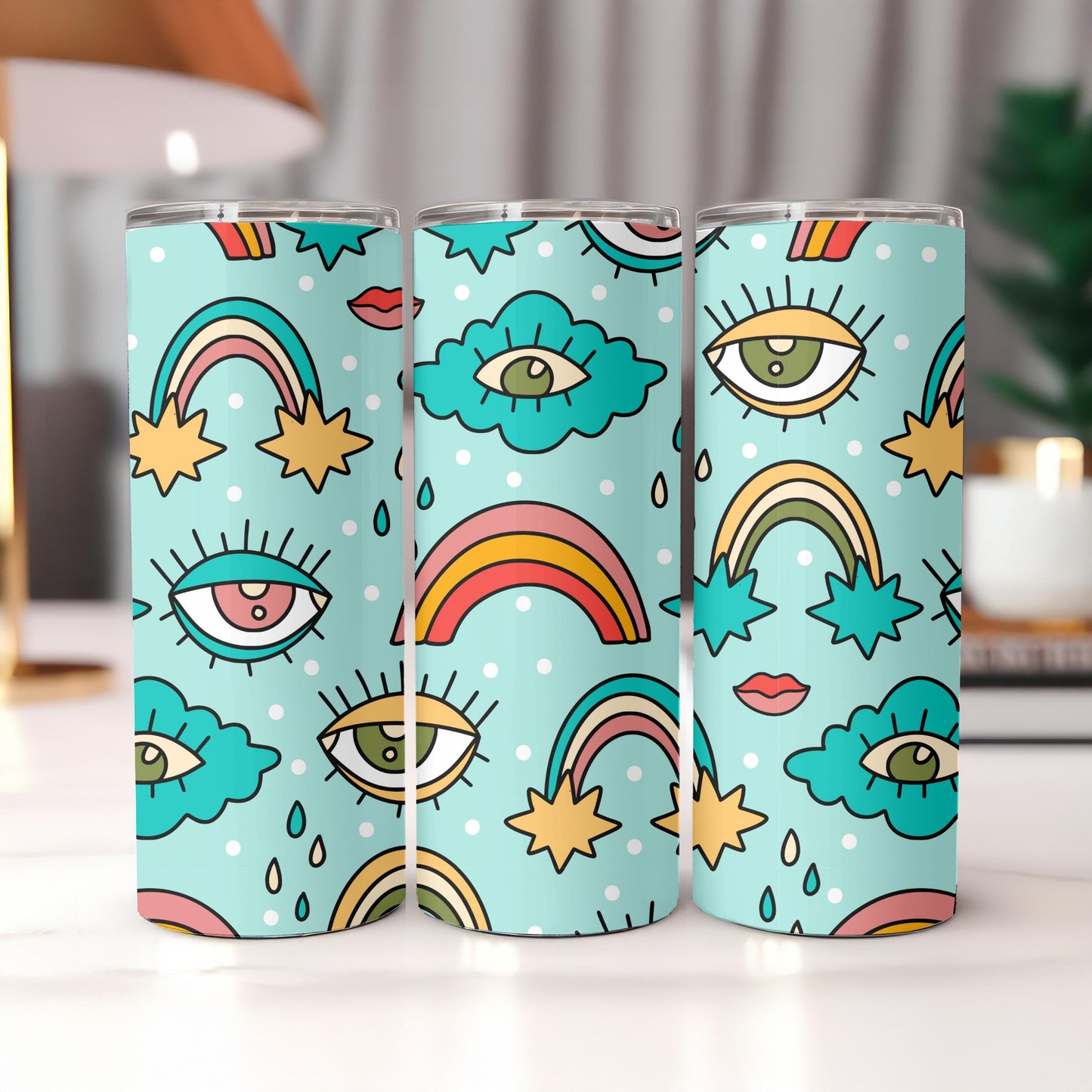 Groovy Retro Tumbler, Rainbow and Eye Pattern 20oz Skinny Tumbler, Aesthetic Trippy Gift for Her, Hippie Psychedelic Travel Mug