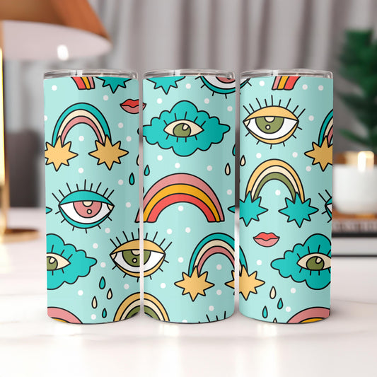 Groovy Retro Tumbler, Rainbow and Eye Pattern 20oz Skinny Tumbler, Aesthetic Trippy Gift for Her, Hippie Psychedelic Travel Mug