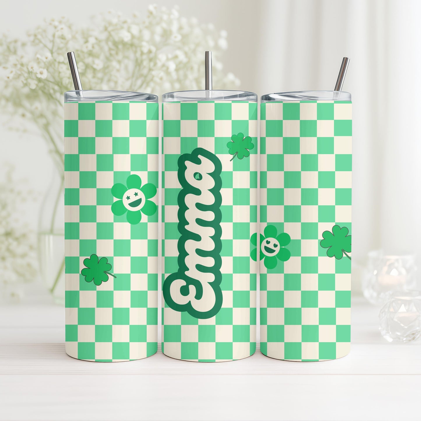 Personalized St Patrick's Day Tumbler, Green Checkerboard Mama Cup, Retro Lucky Shamrock Gift for Her, 20oz Skinny Tumbler