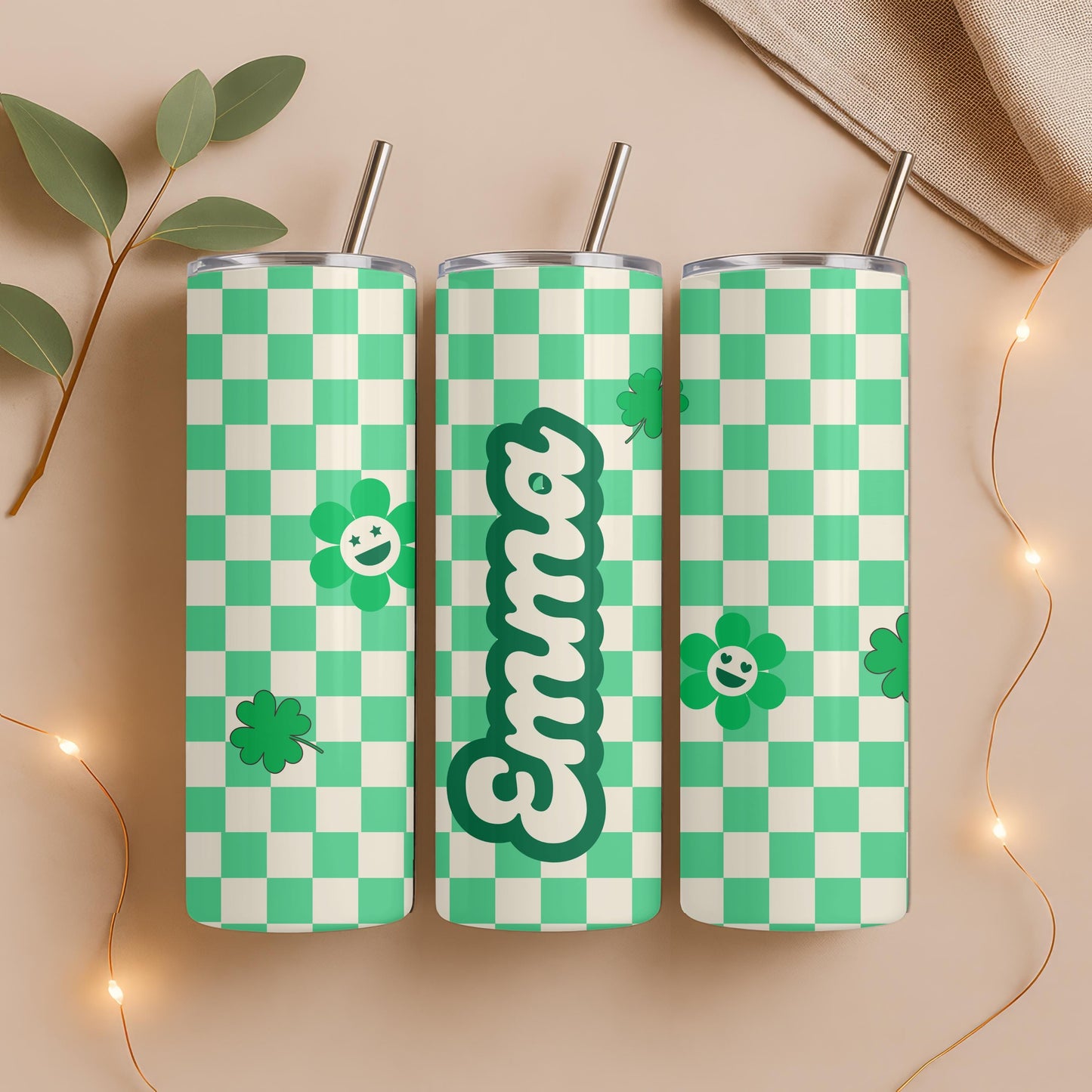 Personalized St Patrick's Day Tumbler, Green Checkerboard Mama Cup, Retro Lucky Shamrock Gift for Her, 20oz Skinny Tumbler