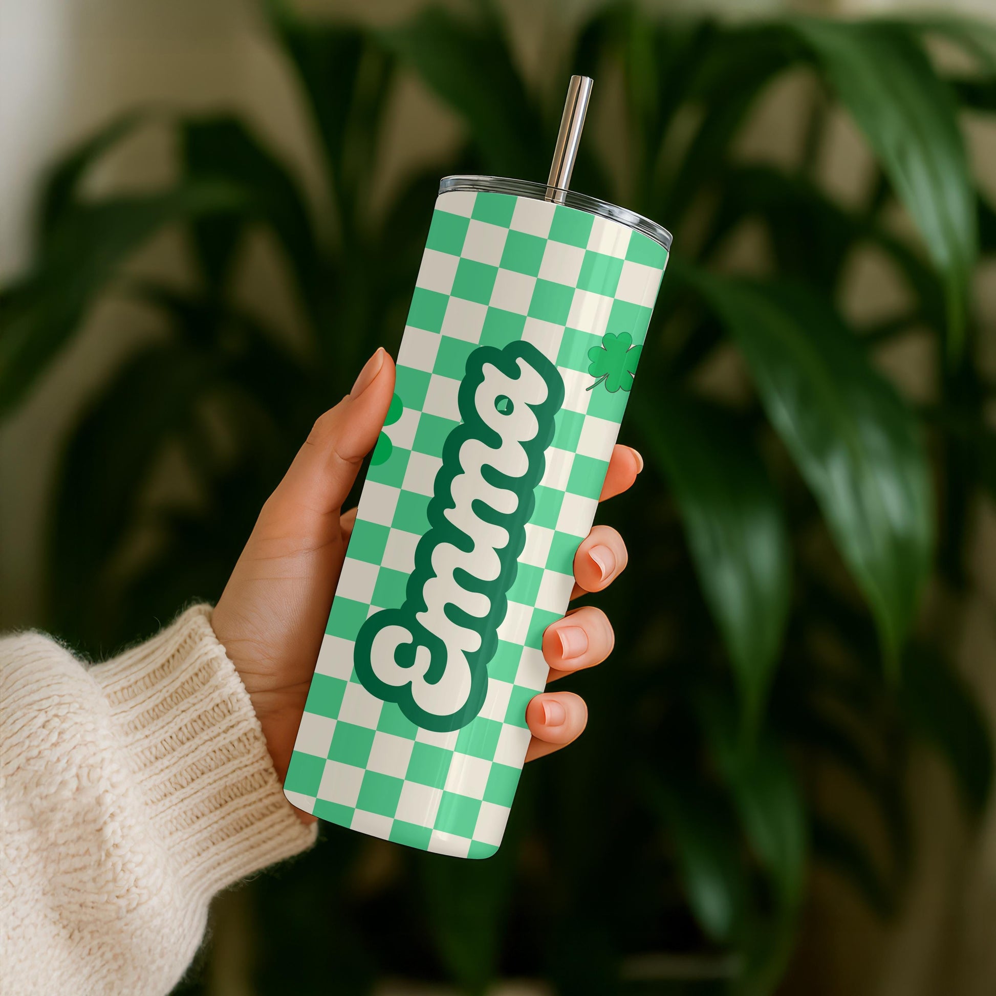 Personalized St Patrick's Day Tumbler, Green Checkerboard Mama Cup, Retro Lucky Shamrock Gift for Her, 20oz Skinny Tumbler