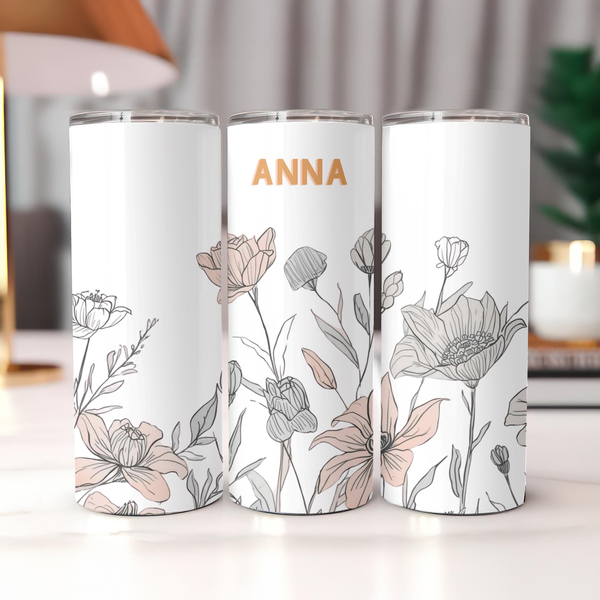 Personalized Wildflower Tumbler with Name, Minimalist Floral 20oz Skinny Tumbler, Boho Flower Gift for Her