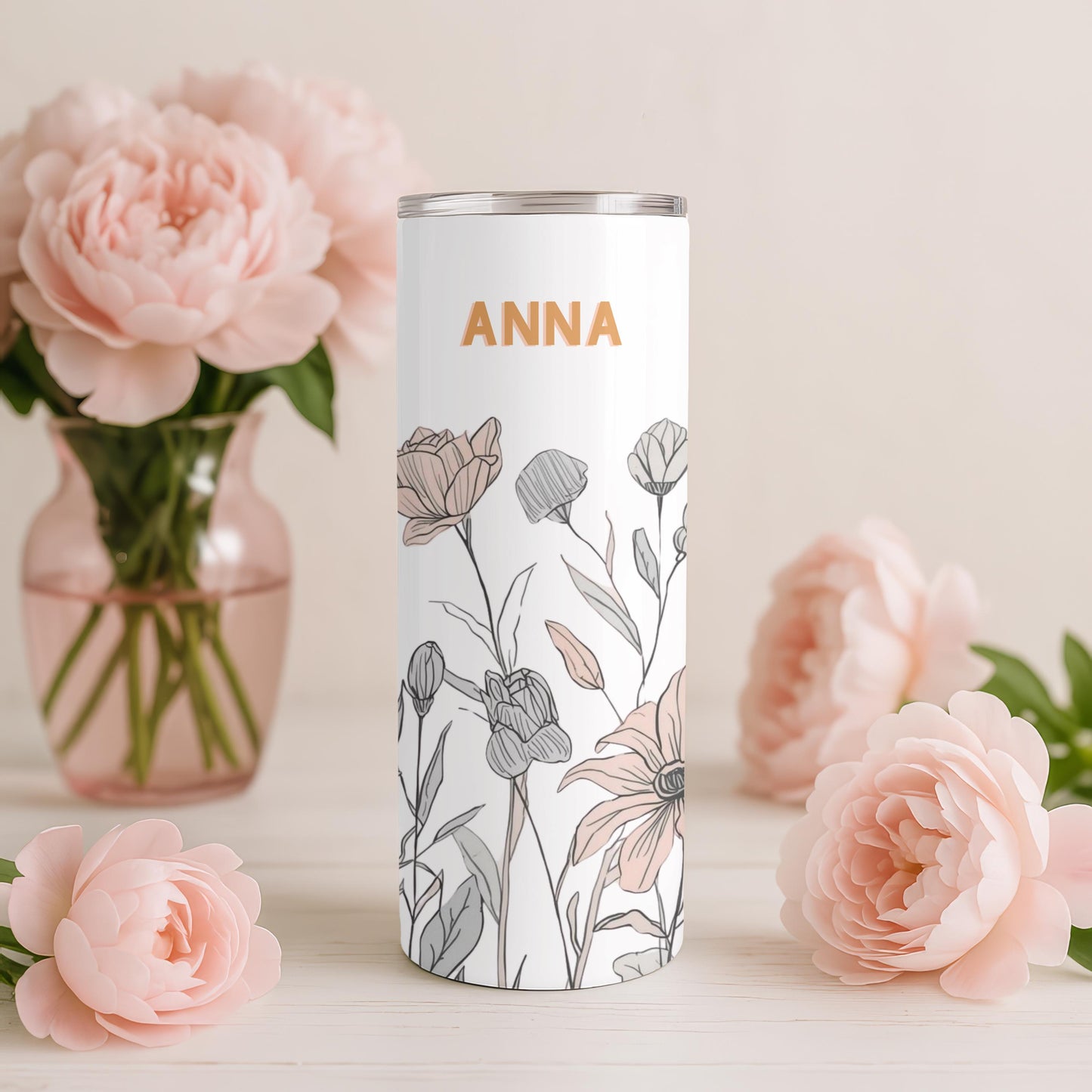 Personalized Wildflower Tumbler with Name, Minimalist Floral 20oz Skinny Tumbler, Boho Flower Gift for Her