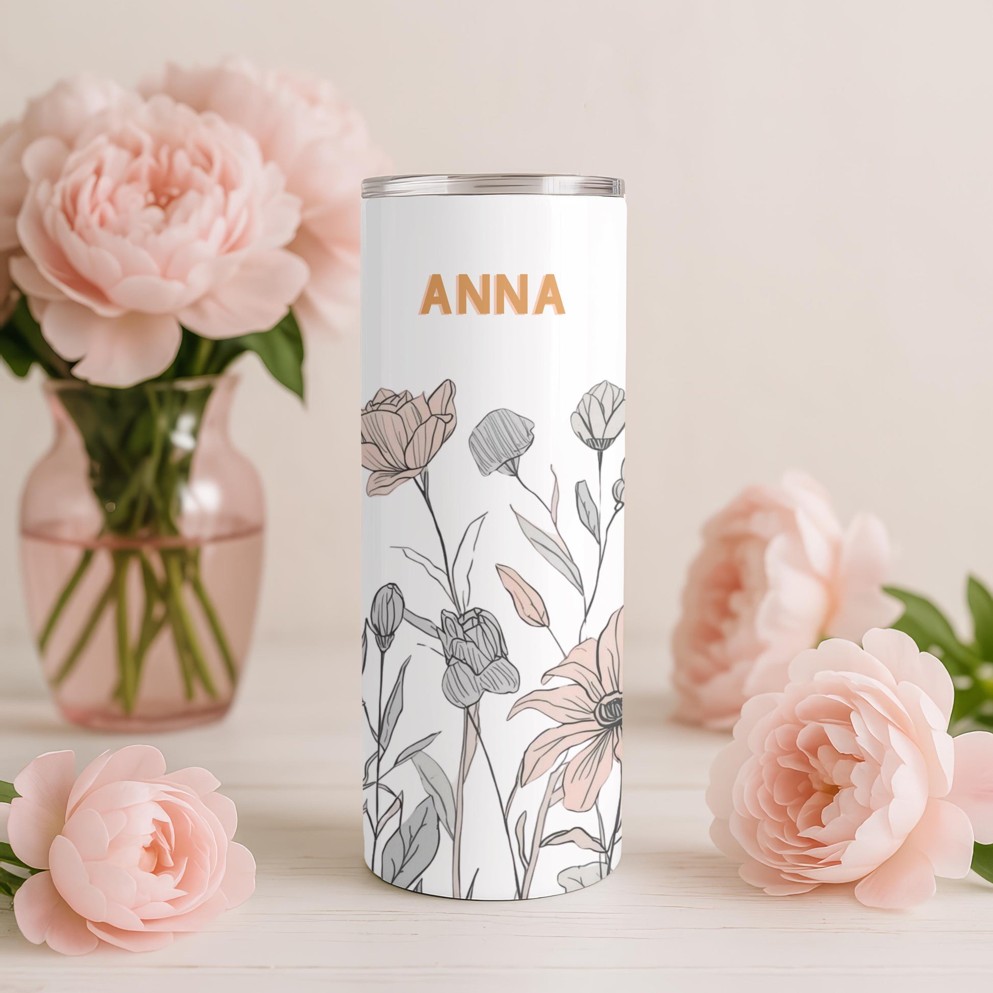 Personalized Wildflower Tumbler with Name, Minimalist Floral 20oz Skinny Tumbler, Boho Flower Gift for Her